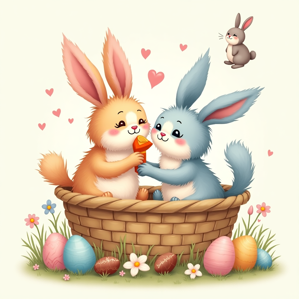 At the top of the illustration image: *Hoppy Easter, Mark – Somebunny's in love... and it's purr-fectly adorable!*

**Image Prompt:**

A charming and comical illustration of two fluffy cats in love, one male and one female, sitting cozily in an oversized pastel-colored Easter basket surrounded by colorful Easter eggs, daisies, and spring blossoms. Both cats are wearing large, floppy bunny ears—one pink, one blue—and gazing lovingly into each other's eyes, with little cartoon hearts floating above them.

The male cat is offering a carrot-shaped box of chocolates to the female cat, who blushes with her paw coyly covering her smile. They each have their tails curled together in a heart shape. In the background, there's a bunny hopping away looking mildly confused, as if thinking, "Those aren’t rabbits…"

Soft springtime colors dominate the scene, and the style is whimsical, hand-drawn, and playful, capturing a joyful, light-hearted Easter vibe with a strong dose of feline romance.
Generated with these themes: Two cats in love wearing bunny ears for Easter. One cat is male, the other one is female. Show that these cats are really in love and romantic. Easter date. .
Made with ❤️ by AI.