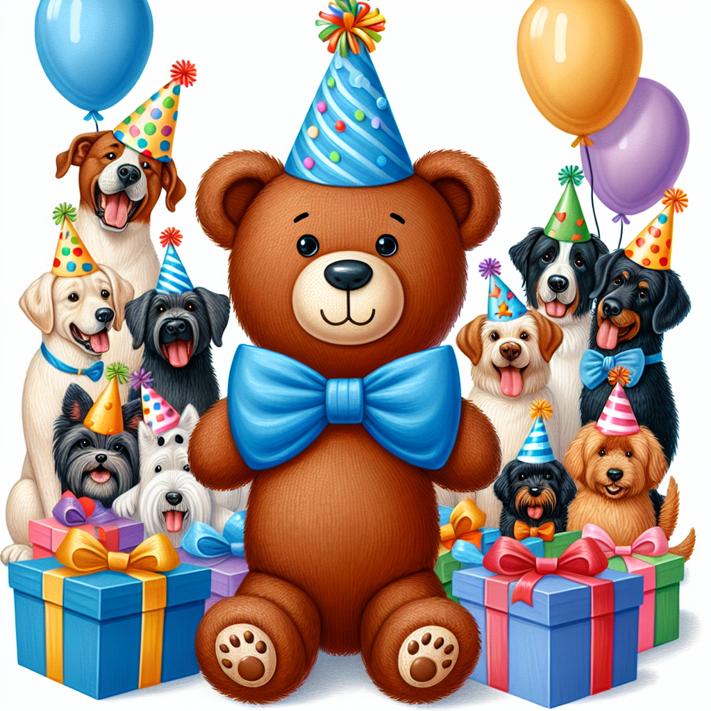 Create a birthday-themed illustration showcasing playful dogs of many breeds all donning vibrant party hats. Instead of a 'Golliwog doll', place a friendly brown teddy bear sporting a bright blue bow tie at the center of the dog party. Surround them with brightly wrapped gifts and balloons to enhance the festive ambiance.
Generated with these themes: Golliwog, dogs.
Made with ❤️ by AI.