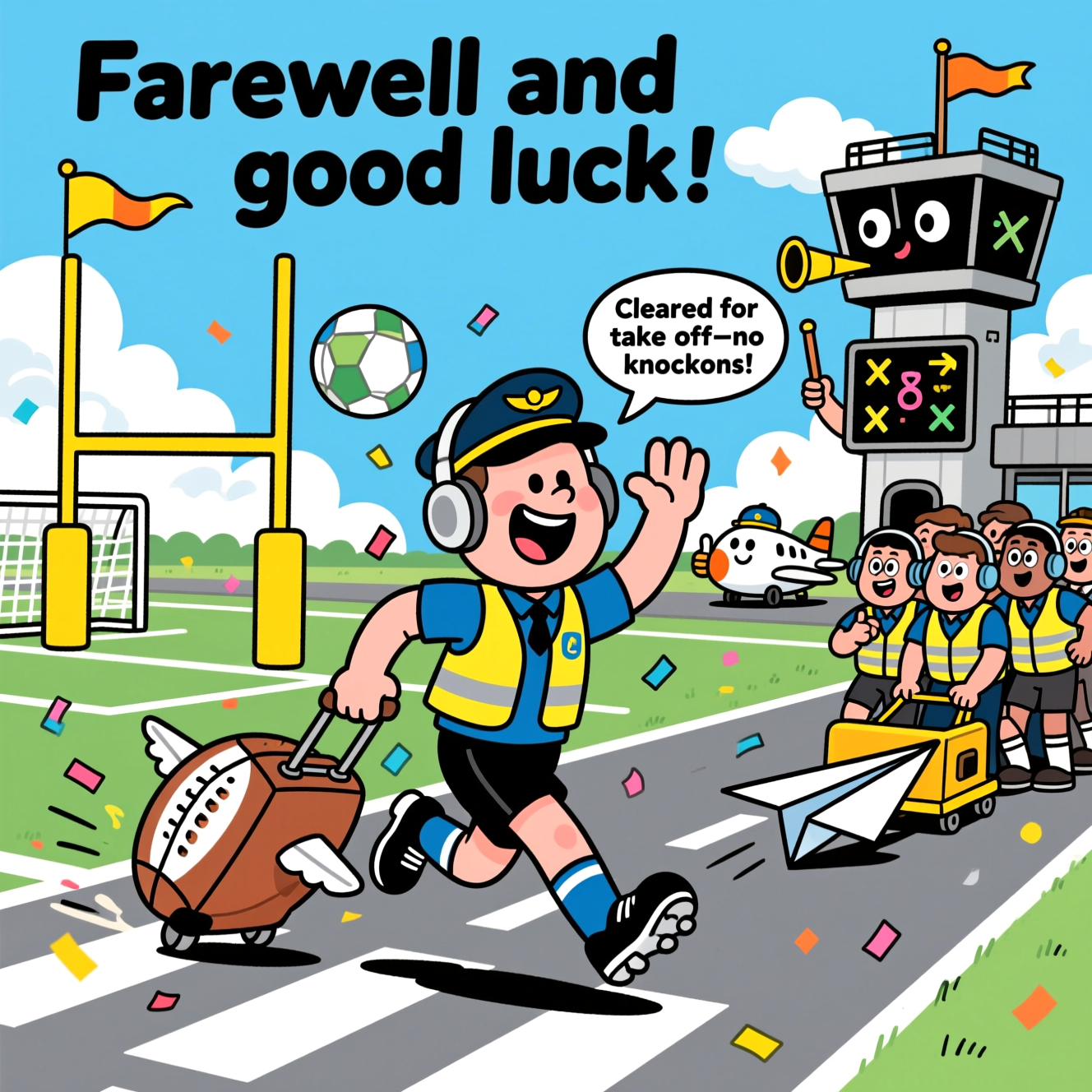 At the top of the Cartoon Style image, "Farewell and good luck"

A bright, funny cartoon airport runway that doubles as a rugby pitch: bold white runway markings as pitch lines, big yellow goalposts at the runway end, a windsock flapping like a touchline flag. Center stage, the departing hero—an exaggerated, grinning character in a pilot cap, ATC headset, hi‑vis vest over a rugby jersey, shorts and cleats—sprints winger‑style down the runway, waving goodbye with one hand while towing a rolling suitcase shaped like a giant rugby ball with tiny airplane wings; big motion lines and confetti streamers emphasize speed and celebration. To the side, a playful scrum of colleagues in hi‑vis vests and headsets huddle and push a tug shaped like a paper airplane, faces squished and eyes wide in comedic effort. The air traffic control tower is whimsically anthropomorphic with friendly window “eyes,” waving marshaling wands and blowing a whistle; its radar screen shows doodled Xs, Os, and arrows like a rugby play. Include one small speech bubble from the tower that reads: "Cleared for take-off—no knock-ons!" In the background, a chubby little airplane wearing a rugby scrum cap gives a thumbs‑up near the goalposts; puffy clouds shaped like rugby balls drift by. Style: playful cartoon characters with exaggerated proportions, thick black outlines, bright saturated colors, clean cel shading, bouncy energetic poses, crisp midday light, tall portrait, full‑bleed composition. Do not include any other text.
Generated with these themes: Air traffic control, Rugby, and .
Made with ❤️ by AI.