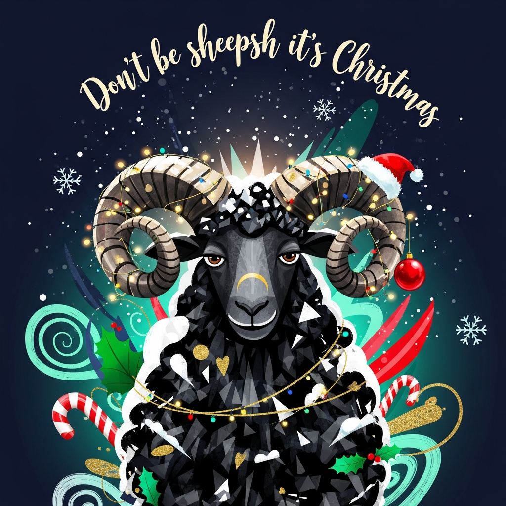 At the top of the Abstract Style image, Don't be sheepsh it's Christmas!
Vertical, image-first abstract scene: a mischievous black sheep with large curled horns dominates the center, built from bold geometric shapes and sweeping fluid curves with dynamic brush-stroke textures. The horns arc upward toward the caption, wrapped in twinkling fairy lights and tinsel; a tiny Santa hat perches askew; a red bauble dangles from one horn. The fleece is a collage of obsidian and charcoal shards with flashes of snowy white; the sheep gives a cheeky side-eye and sly crescent grin for a funny vibe. Background: high-contrast winter night in a deep midnight-blue-to-icy-teal gradient, energetic painterly swirls, geometric snowflakes, candy-cane red stripes, mint arcs, and specks of gold sparkle. Palette: inky black, snow white, candy red, holly green, aqua/teal, metallic gold; saturated and punchy. Lighting: soft rim glow around the sheep; warm glints from the fairy lights; delicate snowfall fleck. Render the caption in hand-painted brush lettering, creamy white with a thin gold-sparkle outline and subtle drop shadow for legibility, slightly arced across the top; keep the text small and the art big. Modern, expressive, humorous; no extra text, no watermark, no border.
Generated with these themes: Black sheep with horns, and .
Made with ❤️ by AI.