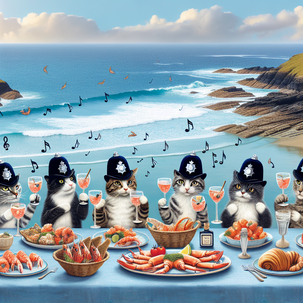 Create a captivating image of the scenic Cornish coastline with its typical rocky shores and deep blue sea as the setting for a unique birthday celebration. Include a group of fanciful cats, each adorned with miniature police hats, enjoying a lavish seafood banquet on the beach. These cats are raising glasses filled with gin in a toast to the special day. To complete the aesthetic, add floating musical notes in the air, suggesting the soft sounds of folk music harmoniously blending with the whispering sea breeze.
Generated with these themes: Cornwall, Cats, Gin, Folk music, Seafood, and Police.
Made with ❤️ by AI.