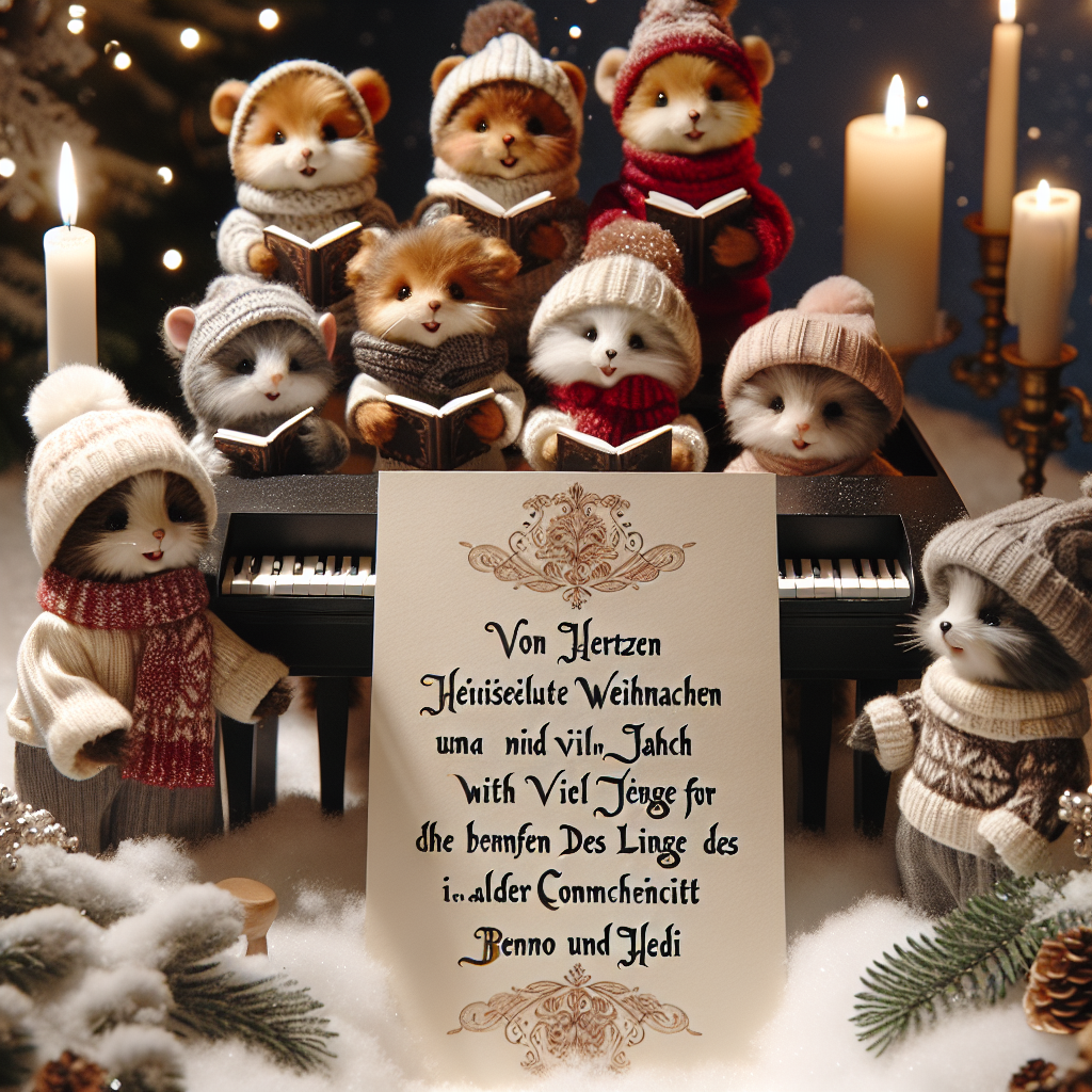 An adorable Christmas scene featuring a group of small animals in winter attire gathered around a grand piano, singing carols. The festive and classy mood is set with a gentle snowfall and warm candlelight. The heartfelt greeting 'Von Herzen wunderschöne Weihnachten und ein gesundes neues Jahr mit viel Zeit für die schönen Dinge des Lebens wünschen in alter Verbundenheit Benno und Hedi' is incorporated in an ornate script on the piano's music stand.
Generated with these themes: festive / classy/.
Made with ❤️ by AI.