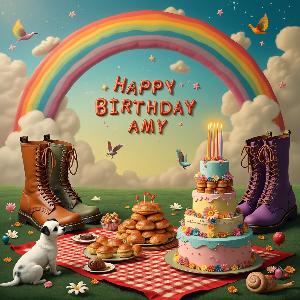 In this surreal and whimsical birthday scene for Amy, the sky is a fantastical gradient of vibrant hues, blending from a warm, golden yellow to deep, rich purples, punctuated by a double rainbow arching across the canvas. One rainbow's end playfully dips into a picnic spread on a lush, green meadow. The picnic blanket is a large, red-and-white checkered pattern, and it’s laden with a mouth-watering assortment of traybakes and sausage rolls arranged like a decorative mosaic. 

Perched on the blanket is a small white dog with black spots, wearing an adorable tiny party hat, its curious eyes gazing at a snail making its leisurely way across a stack of traybakes. The snail’s shell is an iridescent swirl of rainbow colors, reflecting the vibrant scene around it.

Doc Martin boots, in a variety of colors and styles, appear oversized and fantastical. They stand upright around the picnic area as if they were quirky, friendly guardians of the feast, each boot brimming with colorful flowers that cascade down their sides.

High above, in the sky where the rainbow arcs, fluffy clouds spell out “Happy Birthday Amy” in a whimsical, playful font. Each letter is adorned with tiny, sparkling stars and miniature balloons tied to the ends. A pair of birds with rainbow-hued feathers can be seen swooping around the letters, adding a dynamic touch to the sky.

In the foreground, a large, multi-tiered birthday cake sits proudly, frosted in pastel colors and decorated with delicate flowers and tiny figurines of sausage rolls dancing in a conga line around its base. The cake is topped with candles that flicker in all the colors of the rainbow, casting a magical glow over the entire scene.

Every element of this scene is infused with imaginative details, making it a fantastical feast for the eyes and a perfect birthday celebration for Amy.
Generated with these themes: Sausage rolls, Rainbows, Doc martin boots, Traybakes, Snails, and Small white dog with black spots.
Made with ❤️ by AI.