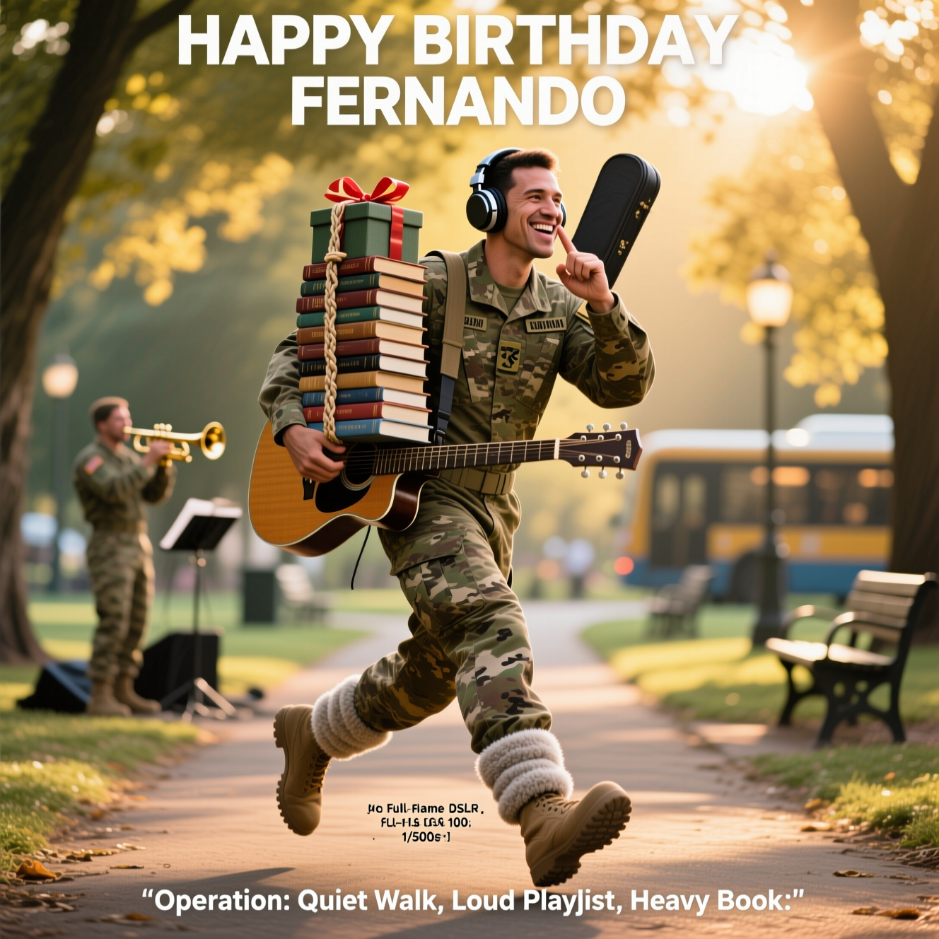 At the top of the Photorealistic picture taken from a camera image, HAPPY BIRTHDAY  FERNANDO

Ultra-high-definition 4K UHD vertical photograph, realistic camera look. Golden-hour sunlight in a quiet tree-lined park path. Foreground: a smiling adult in a modern U.S. Army–style camouflage uniform (no logos or identifiable unit patches), mid-step in an exaggerated tiptoe like a stealth mission, finger to lips. He’s balancing a tall, slightly wobbly stack of hardback library books tied with paracord and a gift ribbon on top, while wearing big over-ear headphones; an acoustic guitar case is slung across his back. His combat boots are humorously wrapped with fluffy sock covers to “silence” footsteps. Background bokeh: warm sun flares through leaves, a softly out-of-focus busker with a trumpet using a practice mute, distant park benches, gentle depth layers. Lifelike textures on fabric, leather, paper edges; accurate, natural lighting; tack-sharp subject with creamy background blur.

Add a small, cheeky line of text at the bottom center in a subtle stencil-style caption:
“Operation: Quiet Walk, Loud Playlist, Heavy Book.”

Camera: full-frame DSLR feel, 50mm lens, f/1.8, ISO 100, 1/500s. Natural color grading, cinematic contrast, no visible brand logos or watermarks.
Generated with these themes: Us army,books,music ,quite walks, and .
Made with ❤️ by AI.
