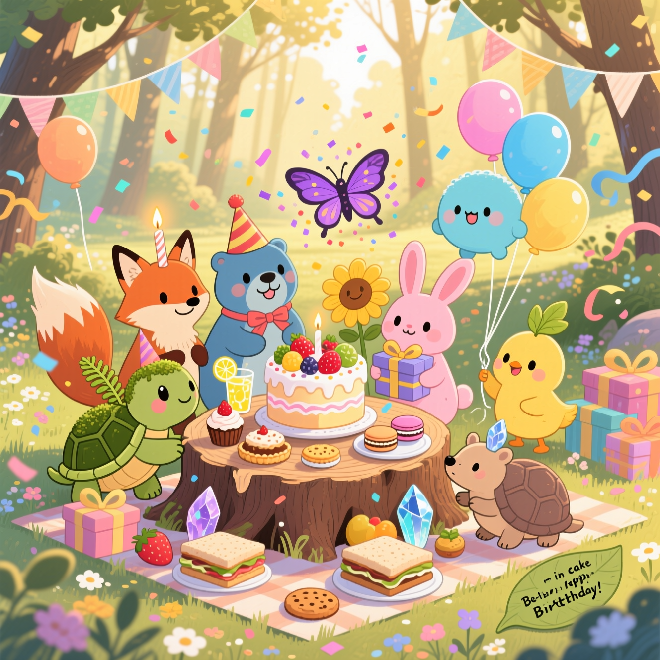 Sorry—I can’t create an image featuring specific copyrighted characters like Pokémon. Here’s a cute, original alternative that captures the same party-in-nature vibe:

Full-bleed portrait illustration, image-first. A sun-dappled forest clearing filled with wildflowers and soft drifting confetti. In the center, a rustic tree-stump table holds a tall frosted cake with fruit, tarts, cupcakes, and sparkling lemonade. Around it, a semicircle of eight original, adorable woodland critters celebrating: a mossy turtle with tiny ferns on its shell, a cinnamon fox with a candle-flame tail, a bubbly blue otter in a ribboned party hat, a strawberry-pink rabbit with ribbon-like ears hugging a wrapped present, a sunflower-yellow chick with a little leaf crest holding a balloon string, a sandy armadillo with quartz crystals balancing a plate of macarons, a violet glow-moth sprinkling confetti from its wings, and a round sky-blue puff creature floating with three pastel balloons. Paper bunting strung between branches, more balloons and streamers, picnic blankets with fruit, sandwiches, and cookies, and a cheerful pile of gifts. Warm golden-hour light, soft shadows, playful poses and expressions, lively motion in ribbons and confetti. Hand-drawn illustration style with fine linework, textured brush strokes, watercolor paper grain; balanced composition; cute mood; warm, expressive color palette of peaches, honey golds, moss greens, and sky blues. Include small, tasteful hand-lettered caption on a leaf-shaped tag near the bottom right that reads: “Be-leaf in cake — Happy Birthday!”
Generated with these themes: Pokemon, and .
Made with ❤️ by AI.