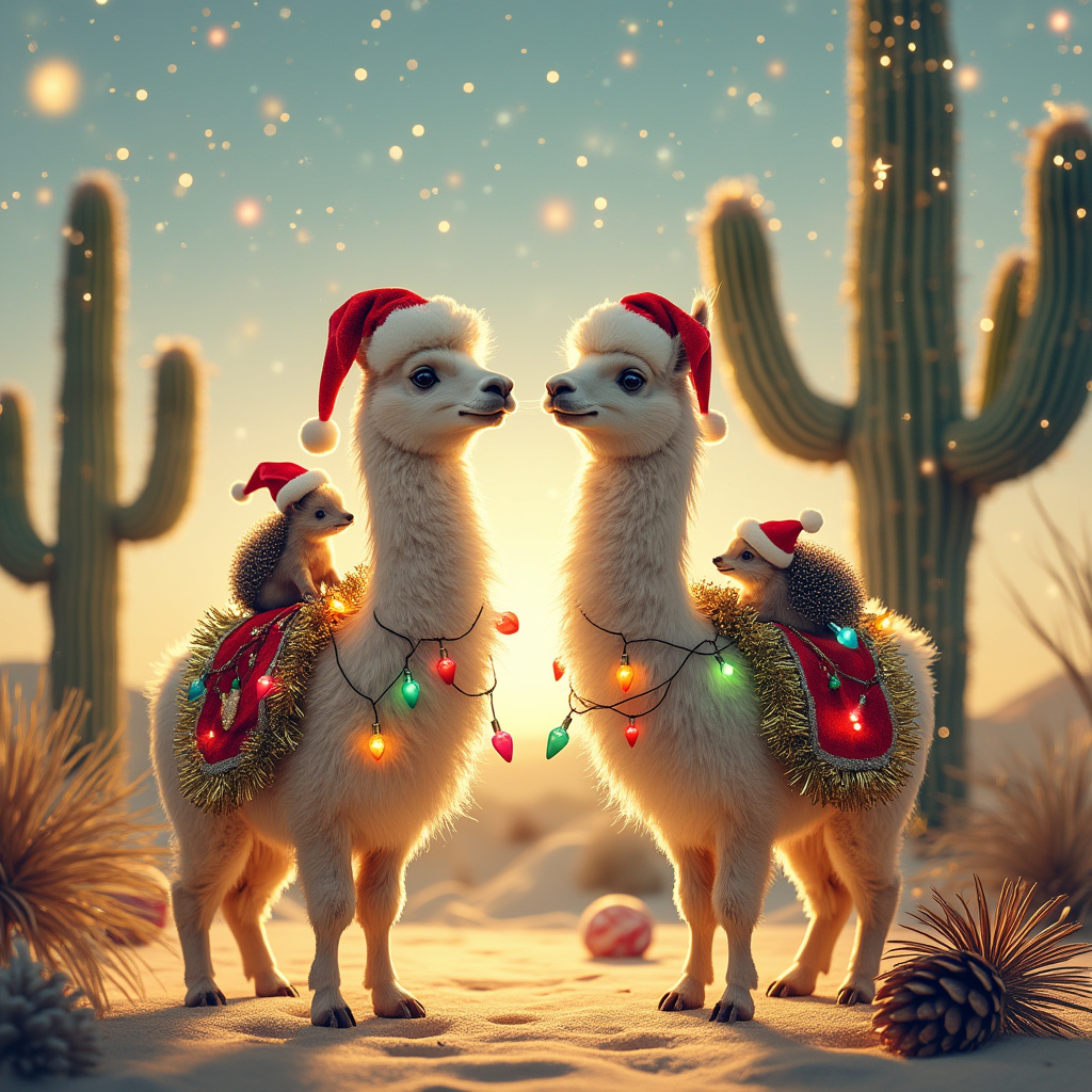 In the enchanting scene for the Christmas greeting card, picture a whimsical desert setting bathed in the soft, golden glow of a winter sunset. Central to this delightful tableau are two endearing llamas, standing proudly side by side. Their fluffy coats are festooned with twinkling Christmas lights, intertwining delicately with vibrant strands of tinsel. Perched atop each llama is a cheerful hedgehog, snugly nestled amidst the llama's woolly fur. The hedgehogs are adorned with miniature, red Santa hats tilted jauntily atop their tiny heads, their little faces brimming with holiday mischief. In the background, a stately cactus stands tall, transformed into a festive Christmas tree. Its spiky arms are wrapped with shimmering tinsel, while colorful baubles hang precariously from its spines, gleaming in the fading light. A large, gleaming star made of silver foil crowns the top of this prickly Christmas tree, casting playful reflections over the scene. The sandy desert floor is speckled with scattered pinecones and candy canes, completing this magical holiday oasis. This whimsical and unexpected combination of elements tells a charming story of a desert Christmas celebration, where llamas and hedgehogs unite in joyous festivity.
Generated with these themes: Llamas, Hedgehogs, and Hedgehogs riding llamas wearing Santa hats, Christmas baubles and tinsel with a cactus decorated like a Christmas tree.
Made with ❤️ by AI.