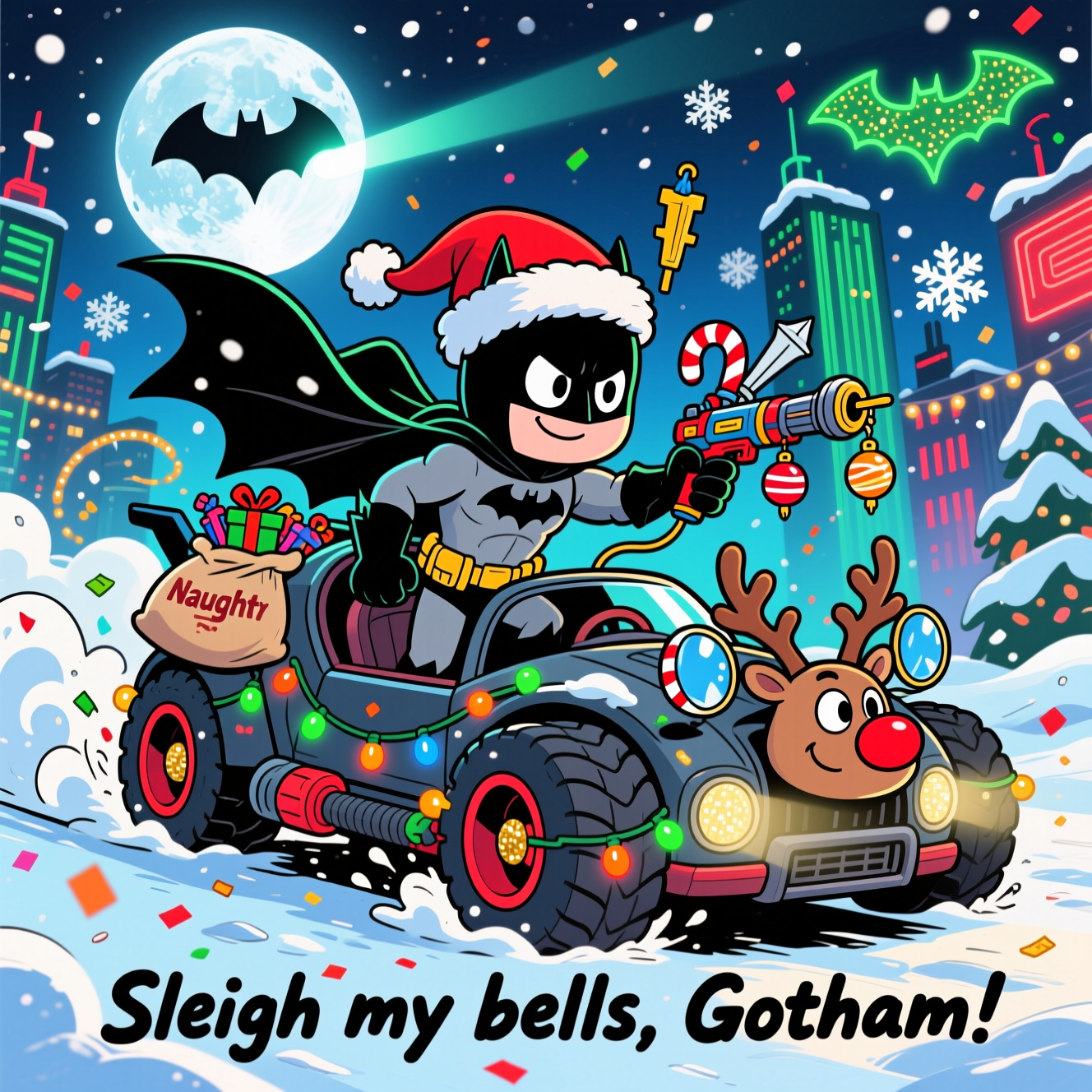 Playful cartoon style with exaggerated chibi proportions, thick black outlines, and bright saturated colors. Full-bleed, high-energy nighttime snow scene in Gotham under a huge moon and a faint Bat-Signal. Center: Batman in a Santa hat, barrel-chested with tiny legs and an oversized, ribbon-like bat cape billowing. He’s half-standing from the open cockpit of the chibi Tumbler (armored Batmobile) as it power-slides through fresh snow, tossing big glittering arcs with bold motion lines. The Tumbler has oversized chunky tires, wrapped in multicolor fairy lights, a goofy red Rudolph nose and reindeer antlers; batarang-shaped ornaments dangle from the mirrors, a candy-cane grapnel gun rests by the cockpit, and a sack marked “Naughty” spills gadgety gifts. Background: whimsical Gotham skyline, neon holiday lights, bat-shaped snowflakes. Palette: icy blues, neon greens, candy reds, and gold sparkles; cel-shaded highlights. Batman wears a mischievous smirk, eyebrow cocked, eyes wide and expressive. Composition is dynamic with a slight fisheye perspective, thick inking, glossy toon finish, confetti-like snow.

Small hand-lettered caption on the bottom in bold, high-contrast type (one short line):
“Sleigh my bells, Gotham!”
Generated with these themes: Batman, Tumbler, and .
Made with ❤️ by AI.