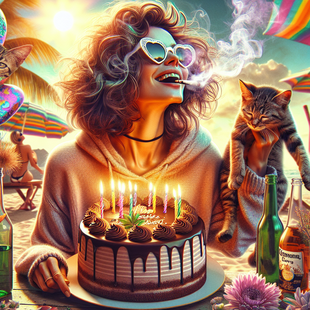 In a vibrant, dreamlike landscape where reality is artfully bent, a mixed-race, light brown-skinned woman embodies the crux of the celebration. Her shoulder-length, whimsically curly hair cascades around the hood of her cozy sweater. A soft haze of marijuana smoke wreathes her, bringing an air of euphoria. Beside her, a playful tabby kitten cavorts, innocent in contrast to the adult ambiance. A decadent chocolate birthday cake iced to confection takes center stage, with trails of sun rays sprinkling over like confetti. Chic sunglasses magnify the laughter in her eyes as she revels in the merriment of her birthday. The background is suggested to be a sun-soaked vacation, with bottles of alcohol extending the festivity, capturing a jovial departure from the mundane.
Generated with these themes: Mixed race black lady light brown skin tone with shoulder length really curly hair wearing a hoodie, Tabby cat kitten, Smoking marijuana weed, High, Birthday cake, Chocolate, Munchies, Alcohol, Smiling funny, Sunshine, Vacation, and Sunglasses.
Made with ❤️ by AI.