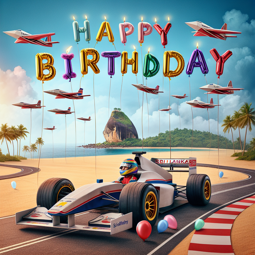 Visualize a jovial birthday scene set in Sri Lanka. A sibling, donned in festive racing attire, is seen commemorating the day by manoeuvring an eccentric Formula One car. The vehicle is given an amusing touch with birthday balloons replacing traditional wheels, whirling around a track. Overhead, origami planes modelled after local jet airliners of Sri Lanka soar in formation. Each carries a single letter, together spelling out the phrase 'Happy Birthday.' The backdrop epitomizes the splendor of the island nation, with quintessential palm trees and the renowned Lion's Rock poised in the distance against a radiant, festive sky.
Generated with these themes: Brother, Formula one racing, Planes, and Sri Lankan.
Made with ❤️ by AI.