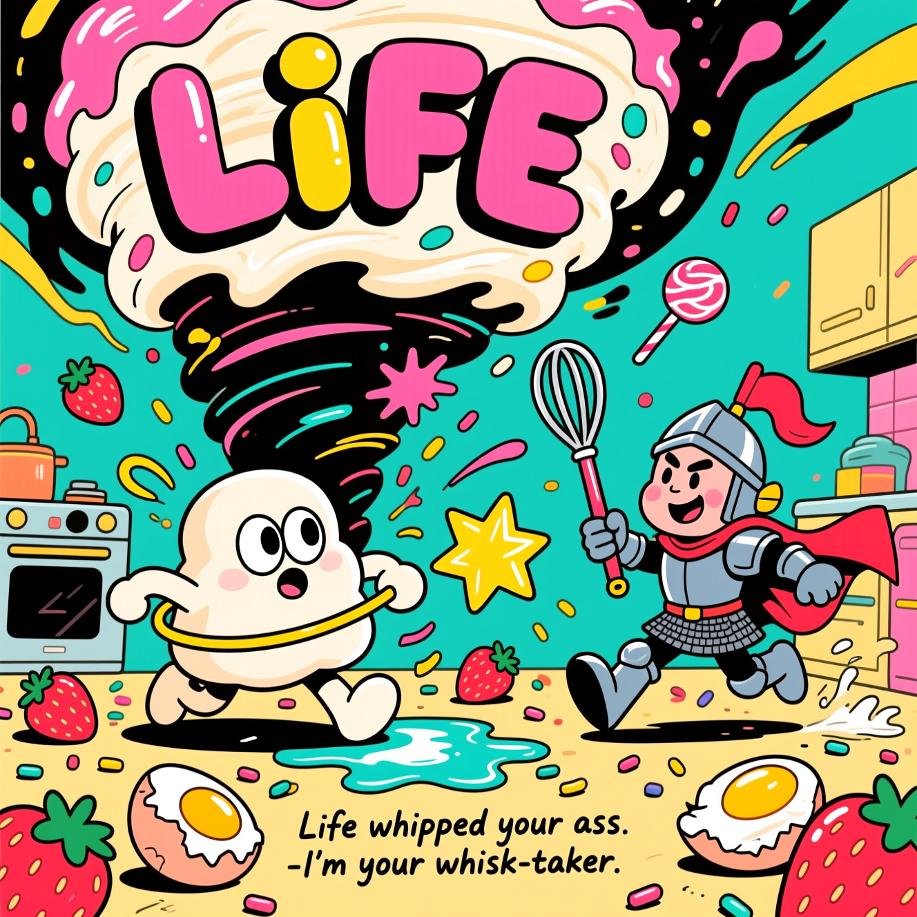 At the top of the Cartoon Style image, mia's fantasy

A big, bold, playful cartoon scene with exaggerated proportions and thick black outlines: a squishy, wide-eyed marshmallow person is being hilariously whipped around by a roaring whipped-cream tornado labeled LIFE in chunky bubble letters; splats, swirls, and motion lines flying in every direction. From the right, their cheeky bestie charges in like a knight, wielding an oversized shiny whisk as a lance, cape flapping, eyebrow cocked—equal parts chaos and rescue. The “kitchen battlefield” is strewn with strawberries, sprinkles, cracked eggs, spilled milk puddles, and starburst pops in bright saturated colors (electric teal, hot pink, lemon yellow, strawberry red). Whimsical, energetic poses, glossy highlights, and a dynamic diagonal composition that keeps the eye moving. Minimal text, image-first impact. Small hand-lettered caption near the bottom: “Life whipped your ass—I’m your whisk-taker.”
Generated with these themes: Being whipped, Black men, Down syndrome people, and .
Made with ❤️ by AI.