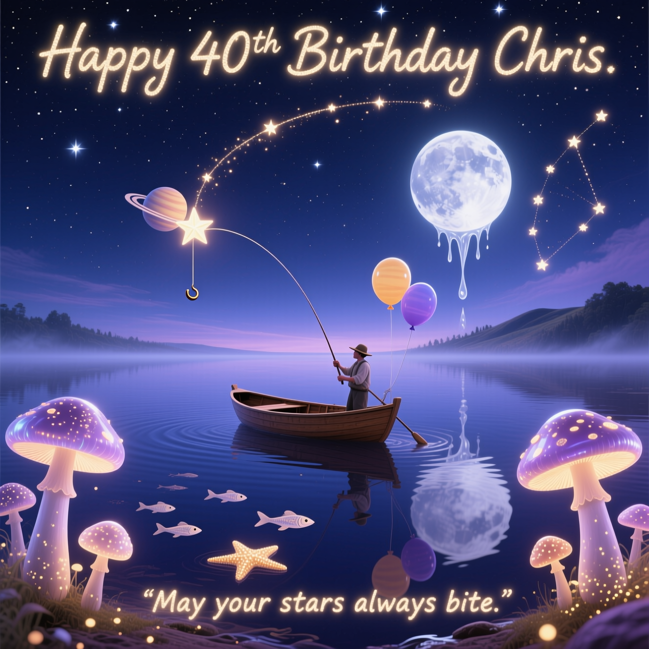 At the top of the Surreal Style image, Happy 40th Birthday Chris
At the bottom in small, glowing stardust lettering: “May your stars always bite.”

Dreamlike, Dali-inspired surreal scene in a tall portrait composition: a mirror-still midnight lake seamlessly blends into a star-swept sky, horizon dissolving. A lone wooden rowboat drifts at center; a gentle angler casts a line that arcs like a comet tail into the heavens, the bobber a tiny ringed planet, the hook gently catching a glowing five-point star. The moon, oversized and pearlescent, melts like soft silver wax over a distant ridge, its drips becoming ripples that turn into shoals of starfish-shaped “fish” beneath the water. Along the shoreline, towering bioluminescent mushrooms with translucent caps glow softly, their gills raining glittering spores that rise to form constellations. Planets float like balloons tethered to the boat; two of them and a cluster of stars subtly arrange into a “40” in the sky. Ethereal lighting, soft mist, and delicate volumetric rays; melting forms and elongated shadows. Palette of deep indigo, cobalt, and violet with warm moon-gold highlights and opalescent mushroom glows. Render the top text as hand-lettered starlight with a gentle halo, slightly melting to match the scene; keep the bottom caption small, sincere, and luminous.
Generated with these themes: Fishing, stars, moon, planets, mushrooms, and .
Made with ❤️ by AI.