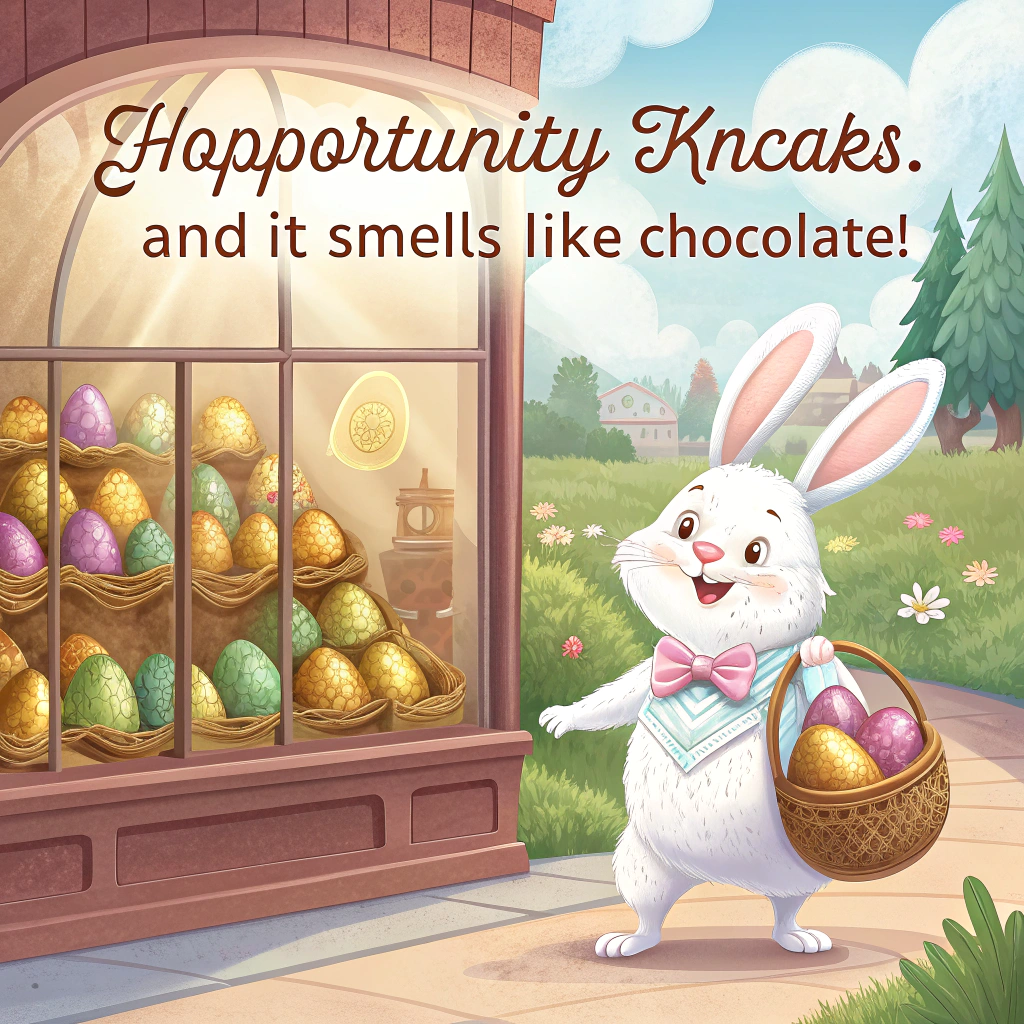 Easter bunny, Chocolate shop, Easter bunny holding a basket browsing through the window of a chocolate shop full of Easter eggs., and Happy Easter written above the shop Easter Card