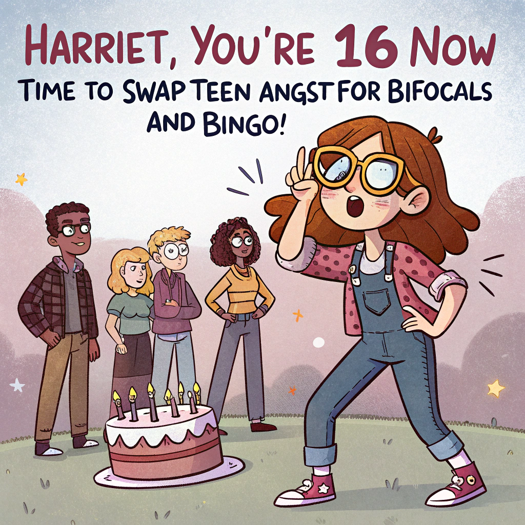 At the top of the image, "Harriet, you're 16 now — time to swap teen angst for bifocals and bingo!"

- In the center of the image, show a cartoon of a funky teenage girl (Harriet) standing proudly with one hand on her hip and wearing giant oversized spectacles that are hilariously slipping off her nose.
- Behind her, her squad of teen friends all sport matching exaggerated "old people" specs, while trying to look cool in ripped jeans and trainers.
- A birthday cake nearby has candles shaped like mini spectacles.
- Confetti rains down in the background shaped like tiny reading glasses and false teeth.
Generated with these themes: spectacles.
Made with ❤️ by AI.