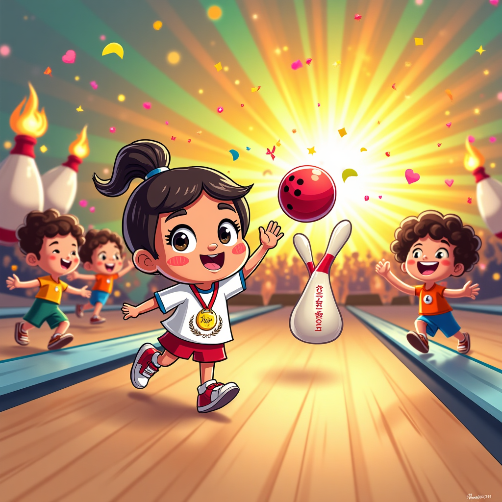At the top of the Cartoon Style image, "Strike for Gold, Corina!"

Playful, cute cartoon scene celebrating a Special Olympics bowling triumph. In a bright, festive bowling alley, Corina—an adorable, big-eyed bowler with rosy cheeks—releases an oversized, glossy bowling ball in a dynamic, bouncy pose. She wears a gold medal on a red ribbon and a sporty jersey with laurel motifs; diverse teammates cheer from the sides in whimsical, energetic poses (no text on props). The pins explode into a burst of confetti, sparkles, hearts, and laurel leaves as the ball hits for a strike. Beside her, a friendly, supportive cartoon Jesus in a simple robe and sandals, softly glowing, offers a high-five with a warm smile, radiating encouragement. A symbolic torch with a bright flame and laurel accents near the lane subtly nods to the Special Olympics. Thick black outlines, bright saturated colors, soft gradients, glossy highlights, dynamic motion lines, cute mood. Full-bleed vertical composition with clear space for the top caption; no other text.
Generated with these themes: Special Olympics , Bowling, Jesus, and .
Made with ❤️ by AI.