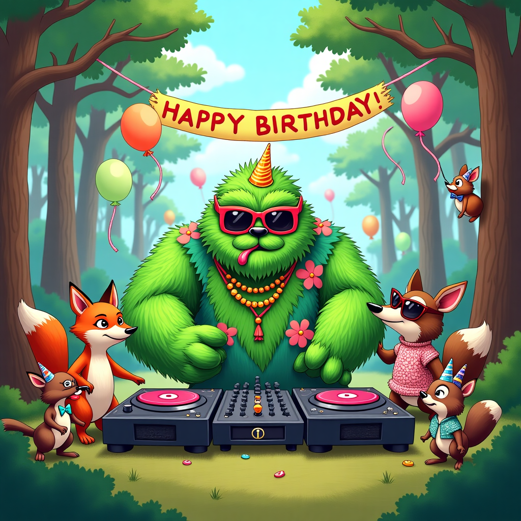 In a whimsical woodland clearing, surrounded by towering pine trees that have small party hats perched atop their peaks, a lively birthday bash is in full swing. At the center of the scene is a vibrant green yeti, a fuzzy behemoth of humor and charm. This yeti is decked out in oversized neon sunglasses and a garish Hawaiian shirt, giving him a groovy, party-ready vibe. His massive, furry hands expertly maneuver a set of cartoonishly large DJ decks, reminiscent of a playful combination of old-school turntables and a futuristic sound system. The yeti's tongue sticks out in concentration, a comical nod to his dedication to dropping the perfect beat.

Beside him, a cluster of woodland creatures have gathered: a fox wearing a tiny bow tie is tapping its tail in rhythm, a raccoon in a sequined vest is holding a slice of cake high above its head, and a rabbit with exaggeratedly long ears is trying to balance a balloon on its nose. Overhead, colorful streamers are draped from branch to branch, and an assortment of helium balloons, each with goofy faces drawn on them, bob gently in the breeze. 

A banner made from leaves and vines, hanging between two trees, spells out "Happy Birthday!" in playful, cartoonish letters. To the side, a makeshift dance floor has been cleared, where a group of squirrels, each wearing a pair of disco ball earrings, are showing off their synchronized dance moves. In the background, a cheeky chipmunk is peeking out from behind a tree, recording the entire event on a tiny vintage camcorder, ensuring the hilarity of the day will be remembered forever. The scene is a delightful fusion of nature's tranquility with the exuberant energy of a birthday rave, a joyful celebration of yeti-sized proportions.
Generated with these themes: dj decks green yeti.
Made with ❤️ by AI.