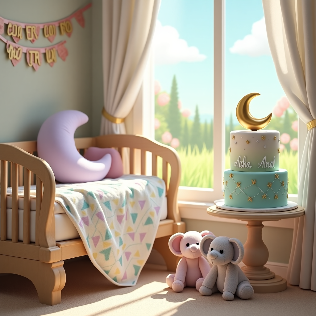 The scene is set in a cozy, warmly-lit nursery adorned with subtle Islamic decor. In the foreground, a realistic plush crescent moon pillow in a soothing lavender shade rests on an ornate crib crafted from light birch wood. Draped over the crib is a delicate quilt featuring intricate geometric patterns in soft pastel colors, typical of Islamic art.

On a nearby side table, a beautifully iced cake, its surface as smooth as satin, is displayed. The cake is a tiered marvel, each layer alternating between pale turquoise and cream. A golden crescent moon and star topper crowns the cake. On the side of the cake, in delicate white script, it reads: "Aisha Amal."

In the background, a large window allows gentle streams of sunlight to illuminate the room. Outside, a lush garden is visible, showcasing vividly green grass and blossoming flowers in shades of pink and yellow. Above, a small banner hung across the window reads “Welcome, Little One” in gold letters against a backdrop of soft, floating clouds and a serene sky of morning blue.

A pair of small plush elephants, one in soft pink and the other in light gray, sit side by side near the base of the cake. Their embroidered eyes and subtle stitches reflect lifelike attention to detail. The floor is carpeted in a sandy beige, adding warmth to the room, with a delicate Islamic pattern in a slightly darker hue.

Overall, the scene is a realistic and richly detailed celebration of new life, interwoven with gentle nods to Islamic culture, perfect for a new-baby greeting card.
Generated with these themes: islamic .
Made with ❤️ by AI.