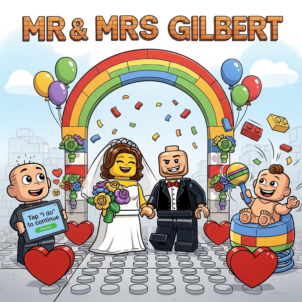 At the top of the Cartoon Style image, Mr & Mrs Gilbert

Playful, funny LEGO wedding scene in bright, saturated colors with thick outlines and exaggerated, energetic poses. Center stage: a LEGO minifigure bride with brown hair, beaming, in a white brick-built dress holding a bouquet of colorful LEGO flowers; hand-in-hand with a LEGO minifigure groom with a shaved head, sharp black tux torso print, cheeky grin. They stand beneath a rainbow brick wedding arch on a studded baseplate aisle, with heart-shaped red bricks and confetti-like 1x1 tiles popping around them.

Left side: a cartoon boy child with a shaved head in a tiny suit, holding up an iPad like the ceremony officiant; on the screen, in playful bold type: “Tap ‘I do’ to continue” with a green button and little heart emojis floating out. Right side: a cartoon boy baby giggling in a colorful bouncy chair, feet kicking; a springy bounce arc, a rattle made from 2x2 bricks, and a couple of loose bricks flying like confetti for comedic chaos.

Styling notes: Cartoon Style with thick black outlines, chunky shapes, bouncy motion lines, and big expressive faces; bright primaries and candy pastels; soft cel-shading and glossy highlights on the plastic bricks. Background subtly built from LEGO-like blocks with balloons shaped like studs. Render the title text in big, friendly, blocky, brick-built letters spanning the top, leaving lots of image area for the characters below. High energy, heartwarming, and hilarious.
Generated with these themes: Lego bride with brown hair, Lego groom with shaved head, Boy child with shaved head and ipad, Boy baby in a bouncy chair, Lego, and .
Made with ❤️ by AI.
