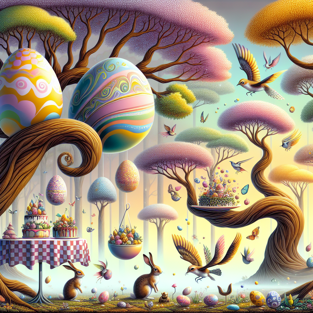 Eggs, Woodland creatures, Trees, Birds, Rabbits, Cakes, Flowers, and Picnic Easter Card