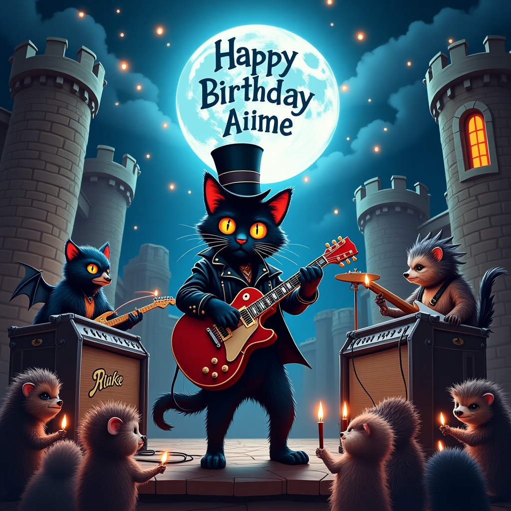 Goth cat in rock band Birthday Card