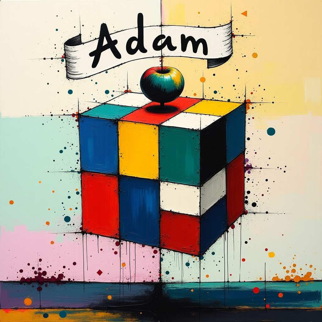 The front cover of the greeting card presents a vibrant, abstract composition that melds the structured dynamism of Kandinsky with the bold simplicity of Mondrian. In the center, a multi-layered, cube-like cake floats, reminiscent of a Mondrian painting, with sharp edges and sections filled with primary colors: bright red, blue, and yellow, interspersed with white squares and black lines. This cake seems to levitate in a surreal space.

A myriad of Pollock-style splatters of various colors, predominantly emerald green and cobalt blue, surround the cake, creating a chaotic yet harmonious energy. These splatters form a halo-like effect around the central object, each droplet seemingly suspended in space.

Above the cake, a surrealistic banner waves, echoing the fluid shapes found in Joan Miró's work, painted with an organic flow of lines. The banner holds the text "Adam" in a script that drips like ink, recalling the dark elegance of the Death Note. The letters are bold and black, providing a stark contrast against the playful background, a nod to the darkness of the theme.

The background is a blend of soft pastel hues, layered in wide horizontal bands akin to Rothko’s ethereal color fields, with a gradual gradient shifting from deep maroon at the top to a light, airy lavender at the bottom, giving the illusion of depth and infinity. 

Interspersed throughout the scene are subtle hints of de Kooning's gestural strokes, introducing fluidity and movement, with splashes of ochre and teal that seem to dance across the pastel sky, adding to the dynamic feel.

Scattered geometric shapes reminiscent of Malevich's Suprematism float aimlessly, with triangles, circles, and rectangles in varying sizes and shades, punctuating the space around the cake and forming a visual rhythm.

In the lower portion, abstract symbols reminiscent of Cy Twombly's expressive scribbles emerge, forming an enigmatic landscape that echoes the chaotic beauty of life, inviting the viewer to interpret their meaning.

Overall, the card fuses structured chaos and playful abstraction, crafting a birthday scene that is both captivating and mysterious, perfect for the unique celebration of "Adam."
Generated with these themes: Death Note .
Made with ❤️ by AI.
