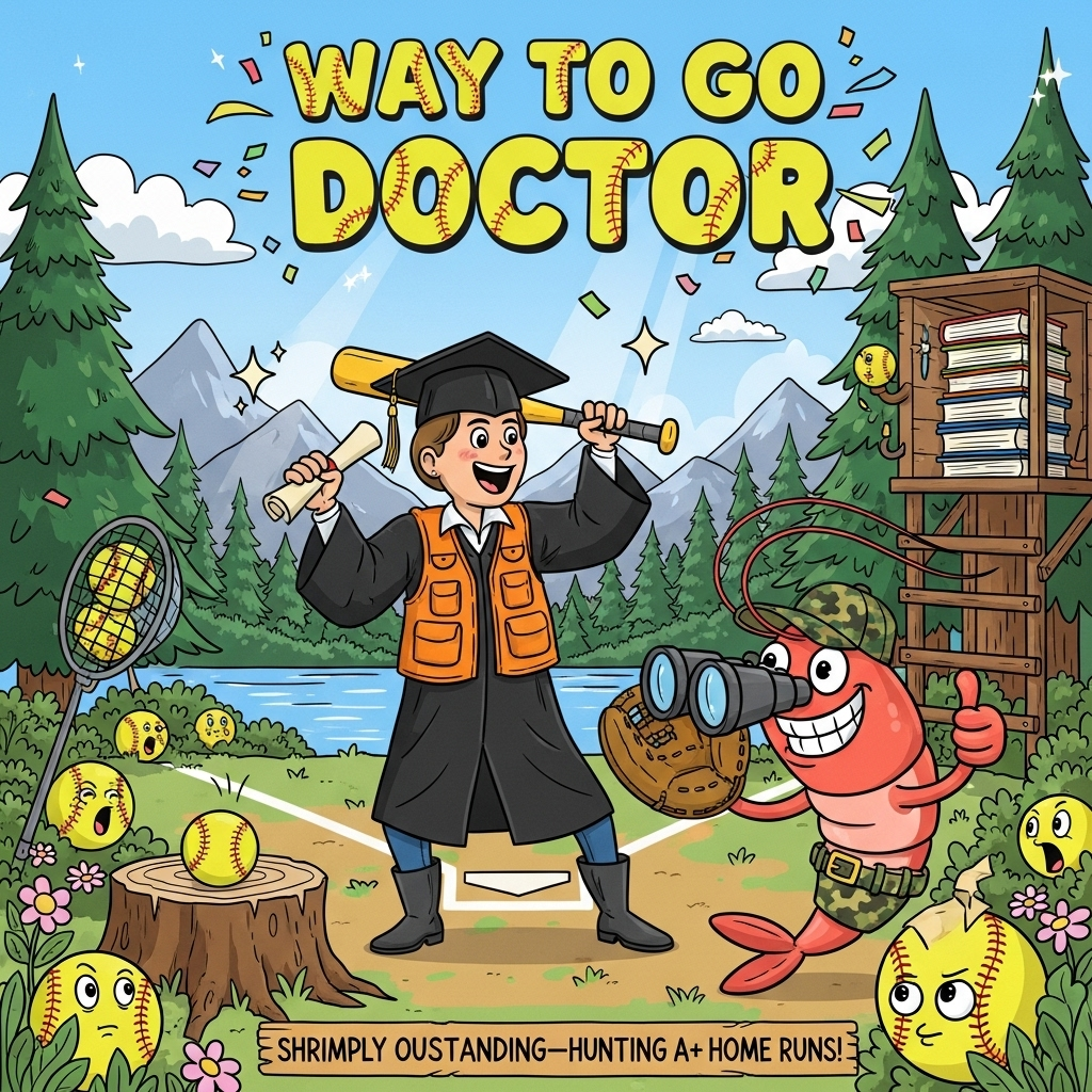 At the top of the Cartoon Style image, “Way to go Doctor” in big, bubbly letters with thick outlines and subtle softball-stitch accents, confetti bursting around it.

Playful, funny cartoon scene with exaggerated proportions, thick black outlines, and bright saturated colors: In a sunny forest clearing by a sparkling lake, a newly minted doctor strikes a triumphant, energetic pose. They wear a black graduation gown and mortarboard, with a blaze-orange camo hunting vest over it. One hand hoists a rolled diploma; the other rests a bright yellow softball bat on their shoulder. Beside them, a giant grinning shrimp sidekick (coral pink) in a tiny camo cap and hip waders holds a catcher’s mitt in one claw and comically large binoculars in the other, giving a thumbs-up. Around them, the “hunt” is for softballs: goofy, bright-yellow softballs peek from bushes with curious eyes, a butterfly net stuffed with softballs leans on a stump, and a playful tree stand made of stacked, blank-spined textbooks watches over a leafy makeshift diamond. Pine trees, wildflowers, and mountains frame the outdoors; motion lines, sparkles, and sunbeams add celebratory energy. Keep it light, non-violent, and whimsical.

At the bottom, on a small wooden sign, add the cheeky caption: “Shrimply outstanding—hunting A+ home runs!”
Generated with these themes: Hunting, softball, shrimp, outdoors, doctorate, and .
Made with ❤️ by AI.