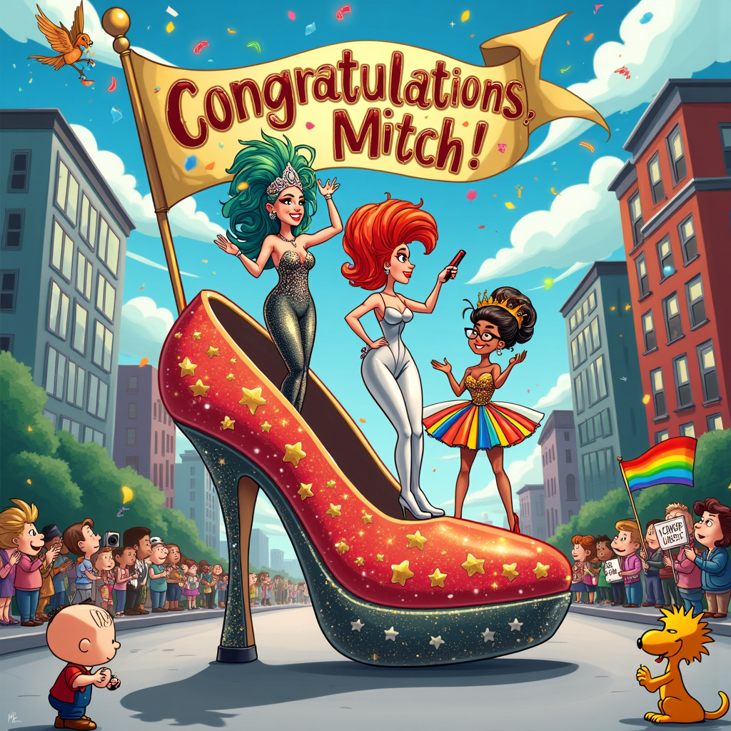 In the whimsical scene for Mitch's congratulatory card, picture a colorful, bustling street parade with vibrant, exaggerated comic details inspired by the eclectic artists. At the forefront, an extravagant float shaped like a giant high heel shoe with sparkling sequins and glitter rolls down the street. On top of the shoe, three fabulous drag queens, each in their own unique, elaborate costumes, strike glamorous poses. One wears a dazzling sequined gown with a peacock feather headpiece, another sports a sleek, futuristic silver ensemble with a sparkling tiara, and the third rocks a vibrant, rainbow-colored tutu with a crown made of flowers.

Above them, a large, elaborate banner flutters in the breeze with the words "Congratulations, Mitch!" emblazoned in gold, swirling letters. The letters of "Mitch" are surrounded by twinkling stars and rainbows, giving them an extra magical touch. The background features a crowd of diverse characters clapping and cheering, including a Charlie Brown-like character holding a "You Did It!" sign and a Calvin-like character with a mischievous grin throwing confetti into the air.

Further in the background, tall buildings decorated with streamers and balloons loom over the parade. One of the skyscrapers has windows arranged to spell out "GOOD LUCK" in bright, flashing neon lights. The sky above is a radiant blue with fluffy clouds, each shaped like different drag queen accessories - a lipstick, a feather boa, and a sparkling crown. A small bird resembling Woodstock from Peanuts can be seen flying past one of the clouds, carrying a mini flag that reads "Pride & Joy."

In a small corner of the scene, near the bottom, a child-like Astro Boy character holding a camera snaps pictures, while a Tintin-esque reporter jotting notes stands beside him. Near them, a cartoonish cat, reminiscent of Winsor McCay’s whimsical creatures, sits with a pride flag tied to its tail, looking up at the parade with wide, admiring eyes.

The scene is filled with lively details, from the confetti falling like colorful rain to the expressive faces of the crowd, ensuring that Mitch feels the immense pride and good luck being celebrated in his honor.
Generated with these themes: Pride, Good luck, and Drag queens .
Made with ❤️ by AI.