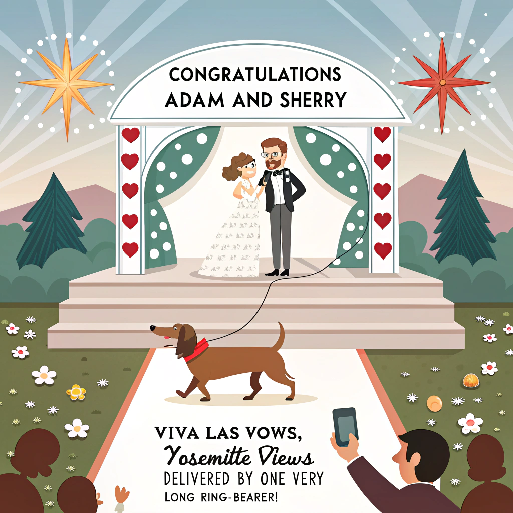 At the top of the Vector Style image, "Congratulations Adam and Sherry"

At the bottom of the image, "Viva Las vows, Yosemite views — delivered by one very long ring-bearer!"

- Create a clean flat-vector, humorous wedding mashup scene: center stage, a proud dachshund ring-bearer with a tiny tuxedo bow tie, trotting down a simple aisle. A satin ring pillow sits on its long back; heart-shaped confetti pops around it.
- Left side: Las Vegas energy. A stylized neon starburst sign silhouette, a minimalist “little chapel” outline, and geometric dice/cards icons—bright neon accents (magenta, electric teal, canary).
- Right side: Yosemite majesty. Simplified Half Dome and granite cliffs, a bridal-veil waterfall, and crisp pine silhouettes—granite blues/greys and forest greens.
- Cheeky details: an Elvis-esque officiant silhouette by the chapel; the dachshund’s wagging tail nudges a tiny slot-machine-inspired ring box with reels showing three red hearts (no extra words).
- Composition: the dachshund bridges the Vegas side to the Yosemite side, visually “joining” the two worlds.
- Style notes: crisp lines, solid color blocks, minimal gradients, no textures; balanced negative space around the top and bottom text for clarity.
- Typography: bold, modern sans-serif; high contrast for readability; large headline at top, slightly smaller punch-line at bottom.
Generated with these themes: Las Vegas, Yosemite, daschund, and .
Made with ❤️ by AI.