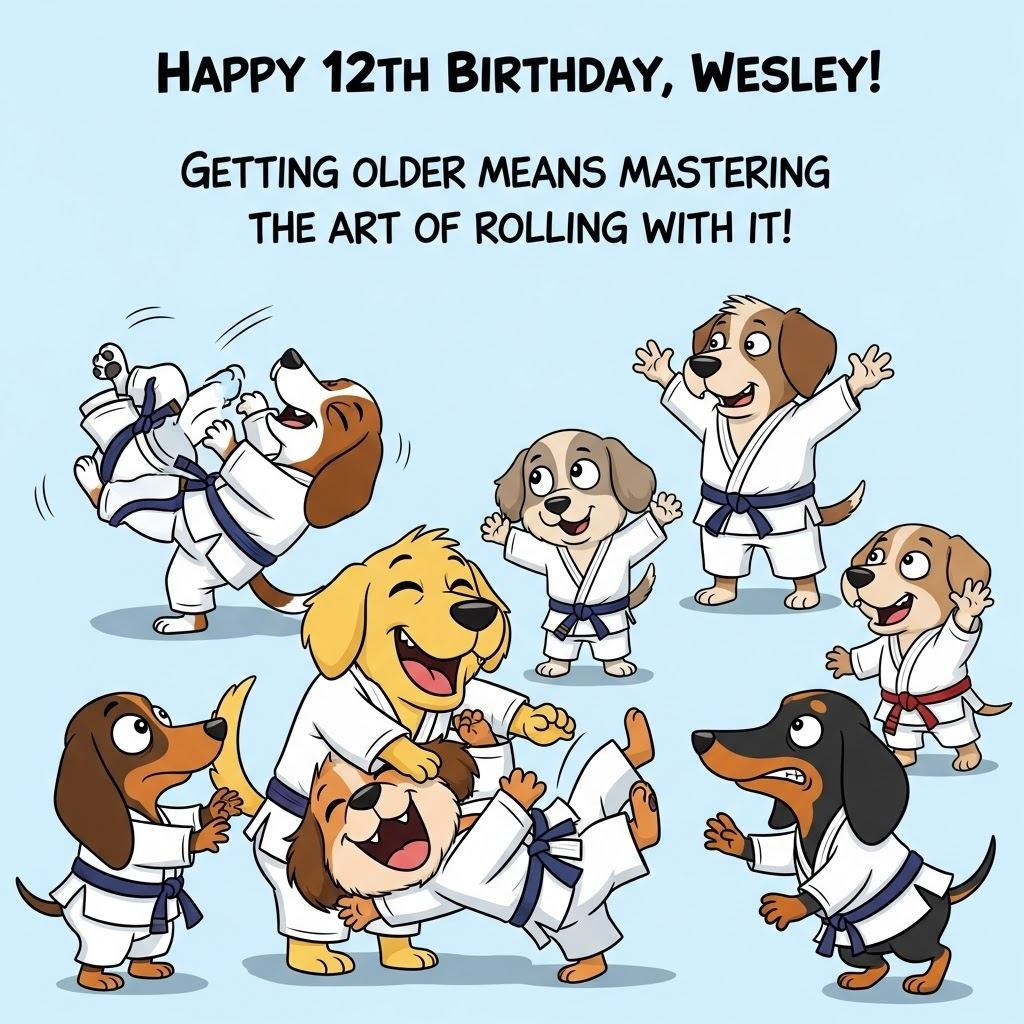 At the top of the Cartoon Style image, the text reads: **Happy 12th Birthday, Wesley!**

---

**Image Description:**

In a colorful, cartoon-style scene, a group of animated dogs and Wesley's cousins are engaged in a playful jiu-jitsu session. The dogs, with oversized paws and expressive faces, are wearing tiny jiu-jitsu uniforms, each belt a different vibrant color. One dog, a cheeky golden retriever, performs a gentle throw on Wesley, who is laughing mid-air with his cousins cheering him on. In the background, a beagle attempts a dramatic rolling escape, while a dachshund with a purple belt tries to balance on one paw, its eyes comically wide with concentration. Above them, in a playful, hand-drawn font, it reads: "Getting older means mastering the art of rolling with it!"
Generated with these themes: Jiu-jitsu, dogs, his cousins, and .
Made with ❤️ by AI.