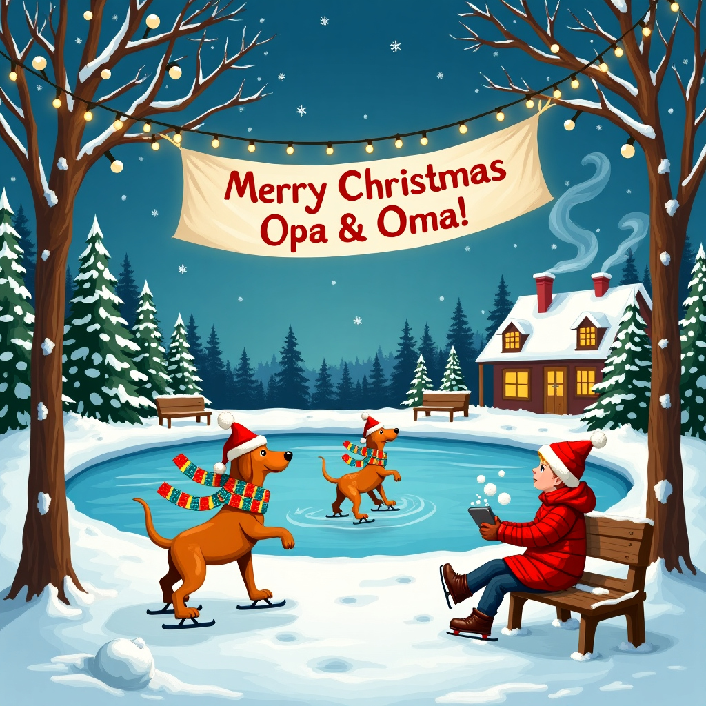 In this whimsical Christmas card scene, picture a snowy winter wonderland teeming with delightful details. The central focus is a lively ice-skating pond nestled in the heart of a picturesque park. Skating gleefully across the ice are a pair of animated Vizsla dogs, each wearing a comical Santa hat and tiny, colorful scarves that flap in the wintry breeze. One of the dogs is gracefully gliding on its hind legs, while the other has humorously tangled itself in the string of a large festive Christmas light, with a few lights humorously blinking atop its head.

Nearby, a charming wooden bench is dusted with a light layer of snow, where young Joe, the spirited grandson, sits bundled in a red parka, matching mittens, and a woolen hat adorned with a pom-pom. Joe is joyously tossing snowballs towards the rink, his cheeks flushed with the cold and excitement. His laughter seems almost audible, echoing in the crisp winter air.

Above this joyful scene, the sky is a brilliant canvas of twilight blues, where an array of shimmering stars begins to emerge. Hanging from the sky is a giant, colorful banner strung between two towering, snow-draped evergreen trees. The banner reads "Merry Christmas, Opa & Oma!" in cheerful, bold lettering, with twinkling fairy lights woven throughout to add a magical sparkle. In the background, the silhouette of a charming little village is visible, with warmly lit windows and smoke curling up from the chimneys, adding depth and coziness to the scene.
Generated with these themes: Vizsla dogs, grandson Joe .
Made with ❤️ by AI.