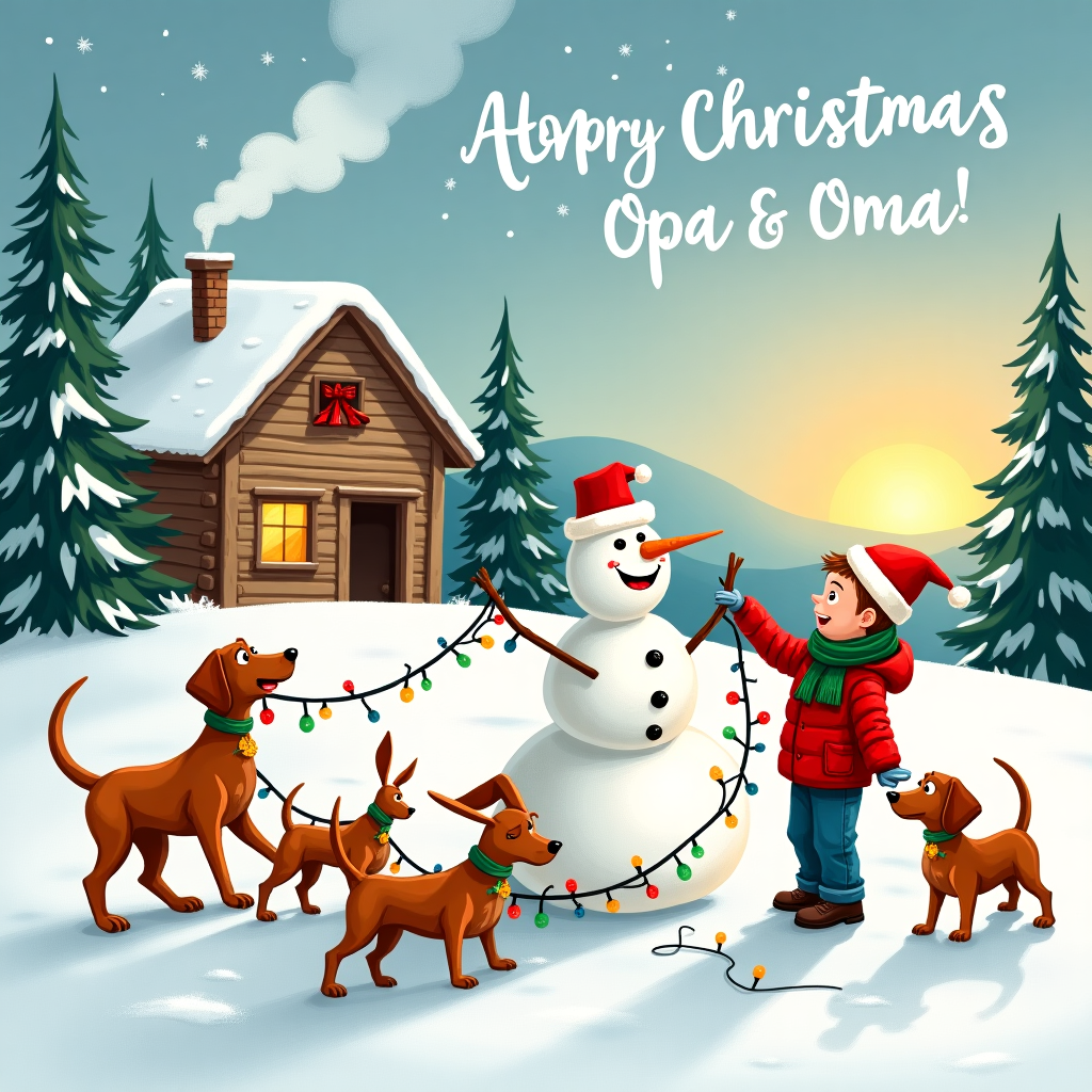 In this whimsical Christmas greeting card scene, imagine a snowy wonderland where Vizsla dogs and grandson Joe bring festive cheer to Opa & Oma. The foreground features a group of energetic Vizsla dogs, their sleek rust-colored coats glistening against the snow. They're merrily tangled in a set of Christmas lights, their expressions a mix of joyous confusion as they playfully tug and wrestle with the colorful strands. One dog, cleverly balancing on its hind legs, is wearing a Santa hat that’s slightly askew, its ears peeking out in a comical fashion.

Beside the dogs, young Joe, bundled up in a puffy red jacket and a green scarf, is energetically building a snowman. This isn’t just any snowman; it's a towering, whimsical creation with mismatched button eyes, a crooked carrot nose, and twig arms reaching out as if in a festive hug. At the top, Joe has placed a festive top hat, giving the snowman a touch of dapper charm.

In the background, a cozy log cabin peeks out from behind a cluster of frosted pine trees. Smoke curls lazily from the chimney, hinting at the warmth within. Above the cabin, the sky is a crisp winter blue, and there, drawn in fluffy white clouds, are the words "Merry Christmas Opa & Oma" in a playful script, like a message sent from the heavens. The sun is setting on the horizon, casting a golden glow that sparkles on the snow, completing this joyful holiday tableau.
Generated with these themes: Vizsla dogs, grandson Joe .
Made with ❤️ by AI.