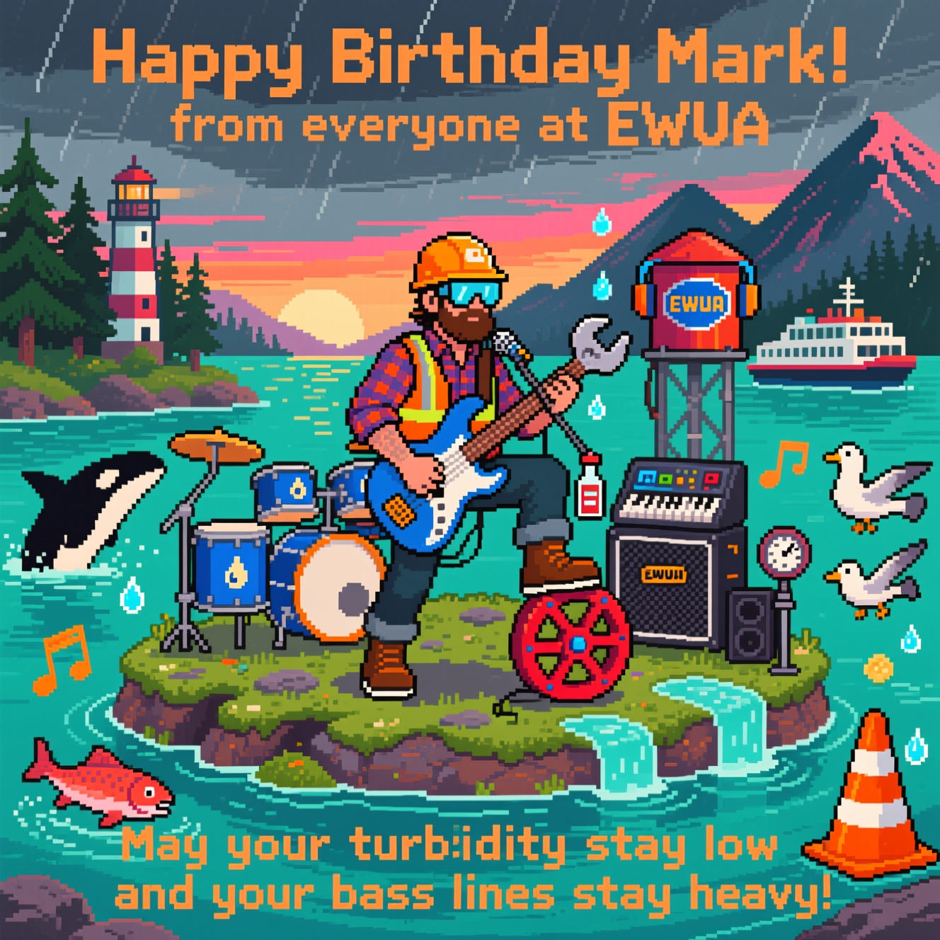 At the top of the Pixel Art Style image, "Happy Birthday Mark! from everyone at EWUA"

At the bottom of the image, "May your turbidity stay low and your bass lines stay heavy!"

- Center scene: A circular water clarifier on a tiny mossy Pacific Northwest island doubles as a rock stage. Pixel Mark, in hi‑vis vest over plaid flannel with hard hat and safety goggles, shreds a bass shaped like an oversized pipe wrench. A sample bottle dangles from his belt; one boot is propped on a big red valve wheel as a mic stand.
- Band gear gag: Drum kit made from blue chemical drums with droplet icons; a SCADA panel as a synth; a squat water tower as the amp stack (speaker grille pattern, tiny “EWUA” logo badge).
- Setting details: Evergreen pines, a striped lighthouse, distant ferry, and jagged mountain silhouettes under a drizzly, moody sunset. An orca fin slices the teal water; a salmon does a celebratory pixel jump.
- Visual jokes: Musical notes rise as shiny water droplets; seagulls wear ear protectors; a flow meter on a stand ticks like a metronome; a safety cone moonlights as a stage monitor.
- Color and style: Crisp 8-bit pixel art, vibrant limited palette (deep teals, pine greens, sunset magentas, hi‑vis orange), chunky square pixels, bold outlines, subtle dithering on sky and sea, no anti-aliasing.
- Composition: Big pixel-font headline at the top with a navy outline; lively center action on the clarifier-stage with reflections rippling in the water; short punchline at the bottom in a bright, blocky pixel font.
Generated with these themes: Water Treatment Operator, Living on an island in pacific northwest, Plays in a band, and .
Made with ❤️ by AI.