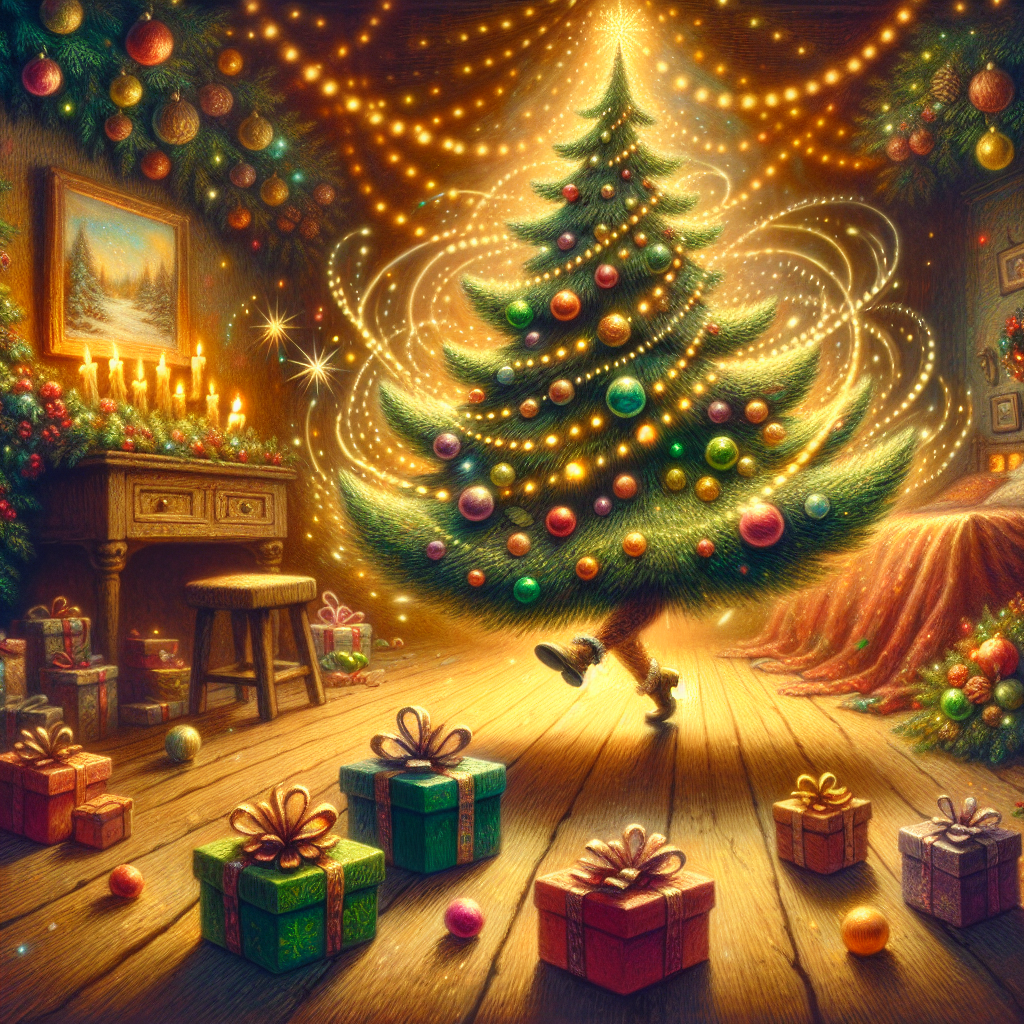A charming Christmas illustration depicts a whimsical dancing Christmas tree with its branches swaying happily. The tree's animated kicks jostle beautifully wrapped presents, scattering them across a cozy, candlelit room adorned with festive decorations.
Generated with these themes: Dancing christmas tree kicking presents all over the place in a candlelit room decorated for christmas.
Made with ❤️ by AI.