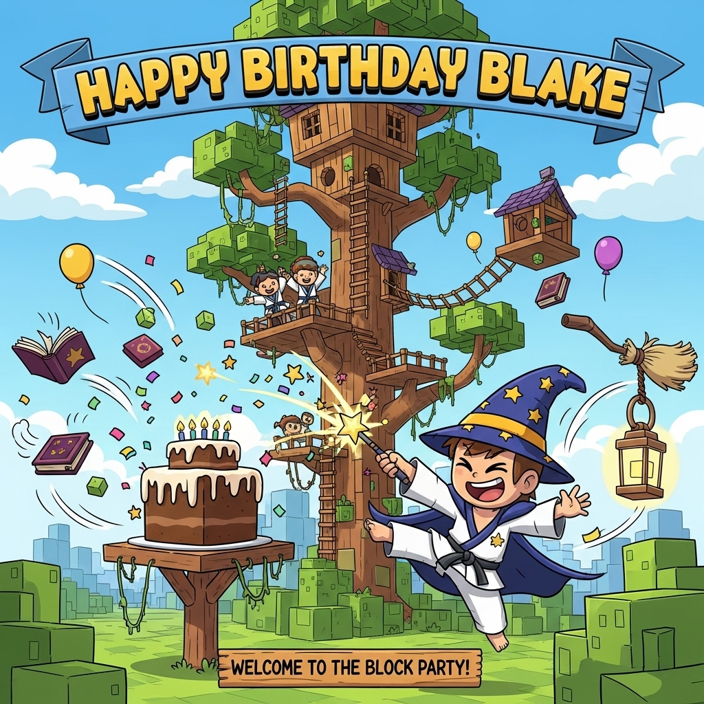 At the top of the Cartoon Style image, "Happy Birthday Blake" in bold, chunky, sparkly bubble letters across a fluttering ribbon banner.

A playful, vertical cartoon scene with thick outlines and bright, saturated colors: A towering, whimsical tree house made of chunky wooden cubes perches high among lush, cube-leaf canopies. Rope bridges and ladders zigzag between platforms, all set over a sunny, blocky voxel landscape with cube grass and pixel puffs of clouds. In the foreground, a grinning kid wizard with a big pointy star-sprinkled hat and a flowing robe wears a karate belt over the robe; mid-air in an exaggerated flying kick toward a giant cube birthday cake on a platform. In one hand they brandish a glowing wand that sprays pixel-sparkles, confetti, and starbursts. Blocky balloons, floating spellbooks, and a goofy broom with motion lines whirl around for comedic chaos. A few tiny friends in white gis cheer from the tree-house balcony, while a square-shaped lantern hovers like a helpful sidekick. At the bottom, on a little wooden sign, add the cheeky line: Welcome to the Block Party! Energetic poses, joyful expressions, dynamic motion swishes, sunlit party lighting; no logos or copyrighted characters. Portrait orientation, image-first composition.
Generated with these themes: Harry potter, tree house, karate, Minecraft , and .
Made with ❤️ by AI.