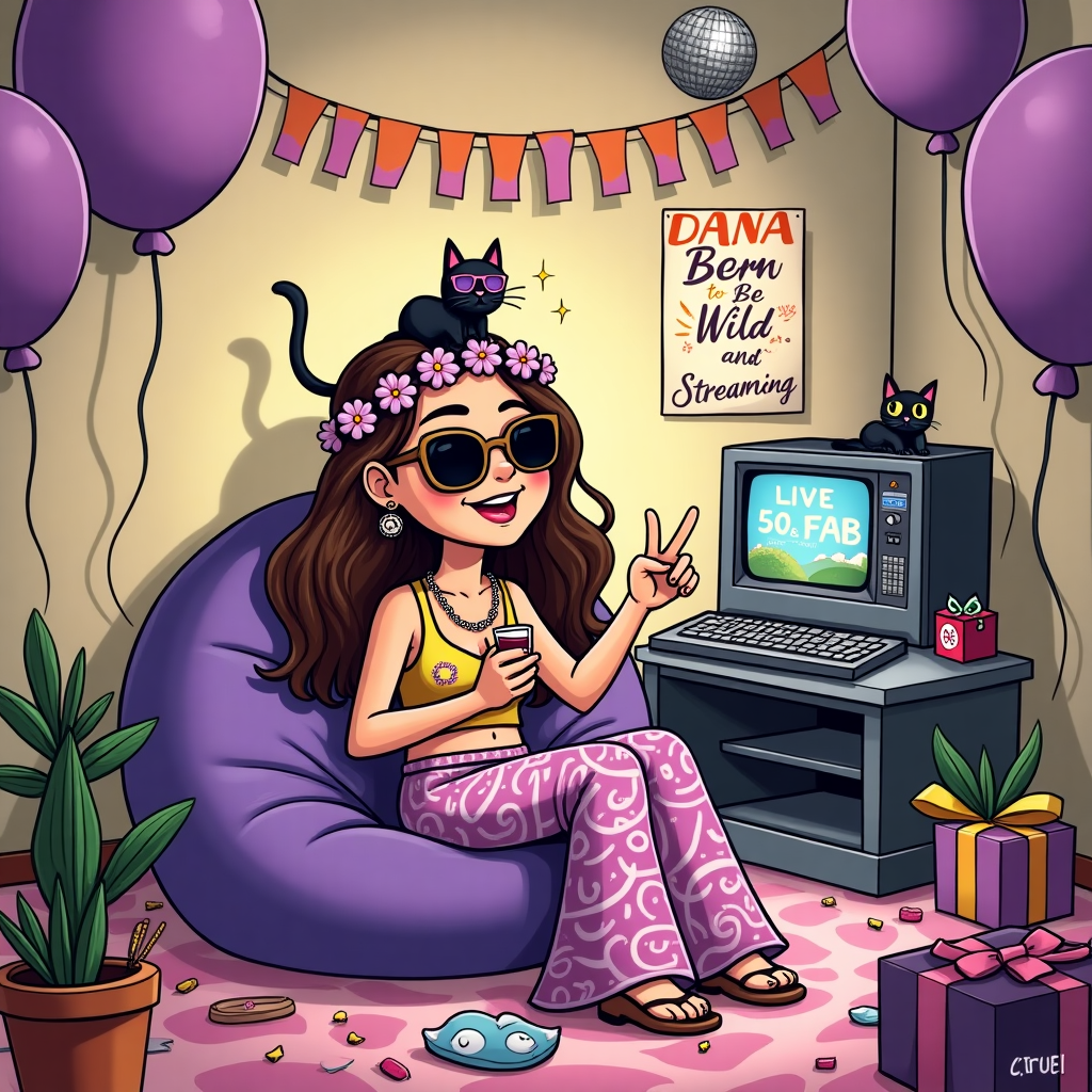 **Image Prompt:**

*At the top of the cartoon image, include the text:*  
**“High-Five-O DANA – Still Groovin’ Like it’s 1975!”**

**Visual Description (Cartoon Style – Cute, Funny, Slightly Rude, Hippie Birthday Vibes):**  
Create a vibrant and cheeky cartoon scene in a soft, colorful palette dominated by purples and earthy tones. Feature DANA as a fun, youthful, fair-skinned 50-year-old woman with flowing brown hair and a flower crown. She’s dressed in boho hippie chic – peace sign earrings, round sunglasses, and flared pants with sparkly Gemini symbols on the knees.  

She’s lounging on a tie-dye beanbag surrounded by floating purple balloons, a little bit tipsy, holding a wine glass in one hand and a joint in the other. A tiny mischievous black cat wearing sunglasses perches on her shoulder, flicking its tail over a streaming PC keyboard where a paused video says: “LIVE: 50 & FAB!”

Scattered around are birthday presents, a lava lamp, a weed plant in a peace-sign pot, and a disco ball hanging above, casting glitter. Behind her, a 1975 poster hangs on the wall with psychedelic swirls and "Gemini Vibes Only" scribbled on it. She’s mid-giggle, cheeks rosy, flashing a peace sign and sticking her tongue out.

Include a small party banner hanging in the background that reads: "Born to Be Wild... and Streaming!"  

Make it cute, chaotic, celebratory — the energy of a young soul partying like she just got a Spotify premium account for the first time.
Generated with these themes: Hippie vibe brown hair fair skin, 50, 1975, Gemini, Weed, Alcohol , Pc , Streaming , Purple, Chill, Funny , Rude, Young soul, and Small black cat.
Made with ❤️ by AI.
