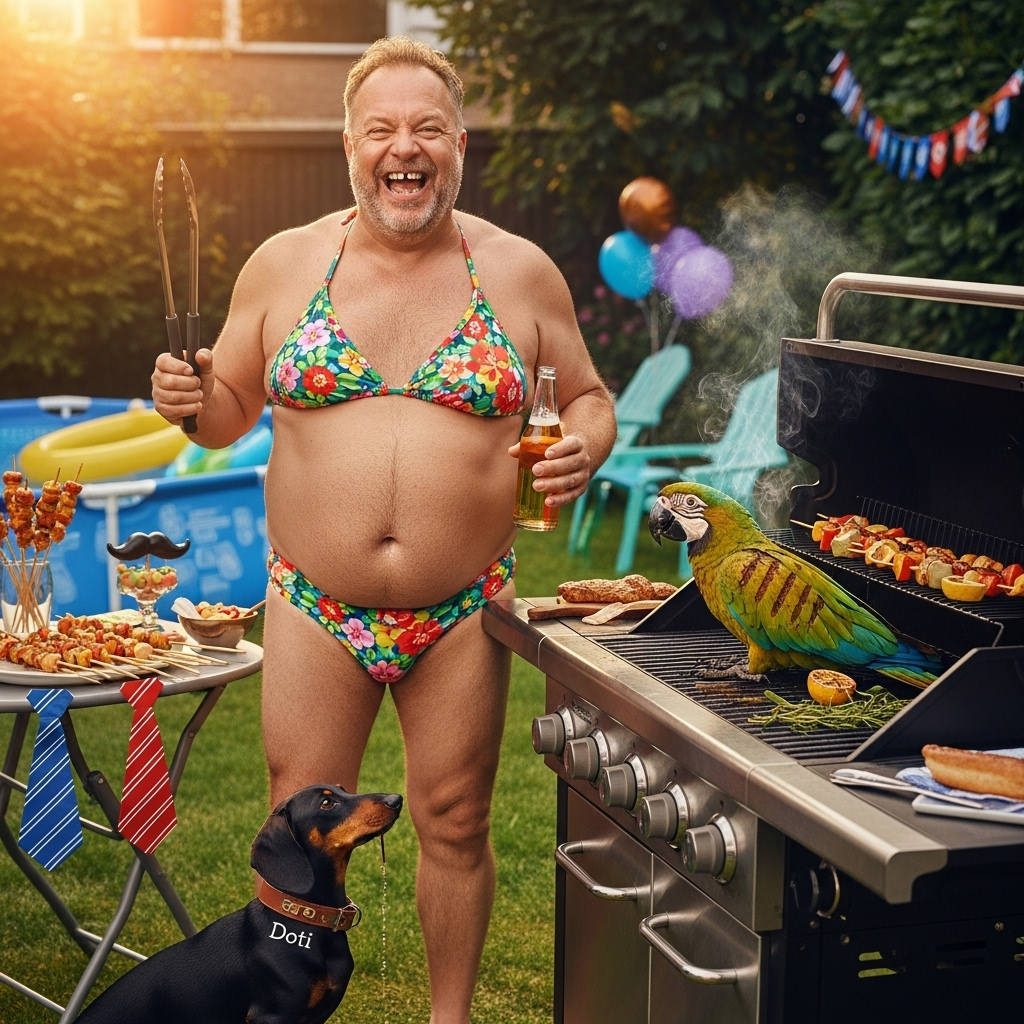 Fat Man with bikini and broken teeth, Dachshund with the word Doti on collar, Grilled parrot, and Fathers-day Card