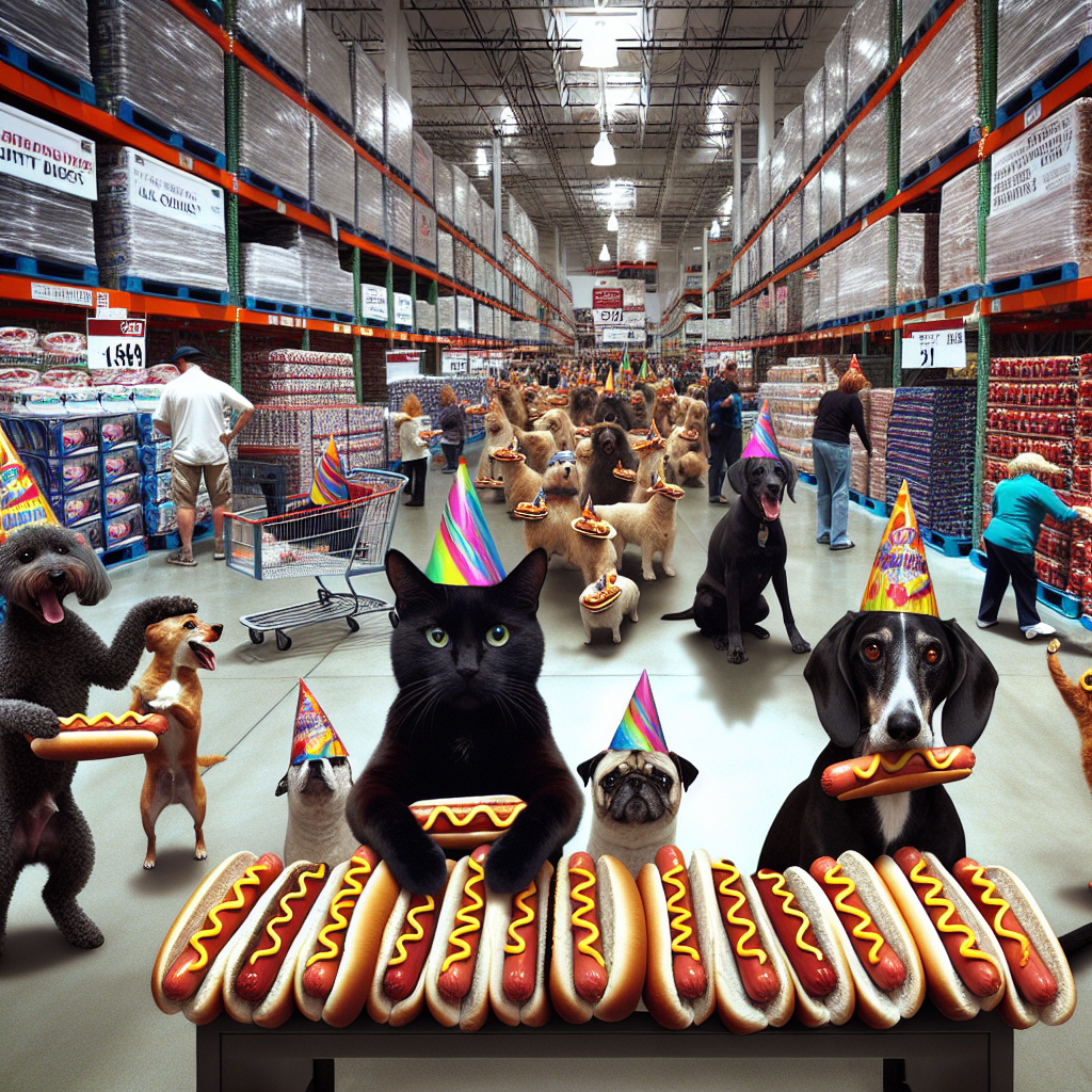 Visualize a surreal realistic scene set within the bustling aisles of a Costco store. It's the birthday party of a charming black cat. Our birthday cat is indulging in a feast of sizzling hotdogs. Canine friends are part of the company, each wearing vibrant party hats. These furry guests exhibit a mix of ordinary and fantastical elements that contribute to their unique celebration - they participate in a happy procession of dances and gymnastics, contrasted against the background of wholesale merchandise. Occasionally, friendly scuffles break out, contributing to the playful chaos. Ordinary shoppers continue to navigate around this peculiar spectacle.
Generated with these themes: a birthday party for a black cat in costco eating hotdogs with his dog friends wearing birthday party hats on his birthday, with some dancing and doing gymnastics in the background, and some fighting.
Made with ❤️ by AI.