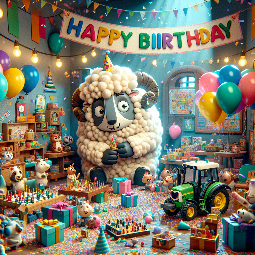 Visualize a whimsical cartoon birthday scenario. At the focus of the scene, a whimsical sheep with the face of a badger is encircled by radiant, multi-hued balloons and sprinkles of confetti. To one flank, a joyful tractor embellished with streamers and a banner that reads 'Happy Birthday' finds its place. The atmosphere is filled with the exciting prospect of gaming; a variety of tabletop games are casually spread across the setting with their colourful boxes and components beckoning fun and engagement. At a comfy corner of the scene, there are miniature workshops managed by a diverse group of cartoon characters of different descents and genders, eagerly preparing crafts and party gifts.
Generated with these themes: Badger faced sheep , Tractor, Tabletop games , and Workshops .
Made with ❤️ by AI.