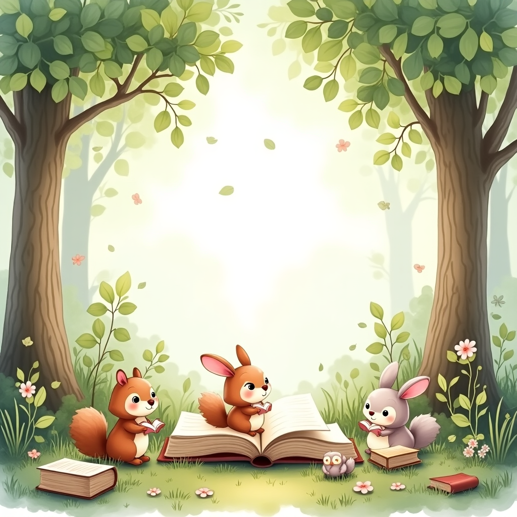 At the top of the Watercolor Style image, gracefully display the text: **Leif's Library**.

Imagine a charming watercolor scene that captures the magic of a baby's new journey, featuring a whimsical woodland library. Envision soft woodland trees with gentle, sweeping branches, each bough cradling clusters of delicate leaves in hues of sage and moss. Beneath the leafy canopy, tiny stacks of open books are scattered playfully around the forest floor, their pages fluttering gently as if whispering secrets of the woods.

Nestled among the foliage, a family of curious woodland creatures—squirrels, owls, and rabbits—are gathered, their wide-eyed wonder reflecting the joy of new beginnings. Each creature clutches a tiny book, engaged in the enchanting stories held within. Above them, gentle sunlight filters through the leaves, creating dapples of light that dance across the scene.

In the center, an oversized, lovingly illustrated book is propped open, its pages revealing charming watercolor sketches of forest adventures and lullabies. The entire scene radiates warmth and delight, perfect for welcoming a new baby into a world of imagination and learning.
Generated with these themes: Make a library card with a background of woodland trees and books, and .
Made with ❤️ by AI.