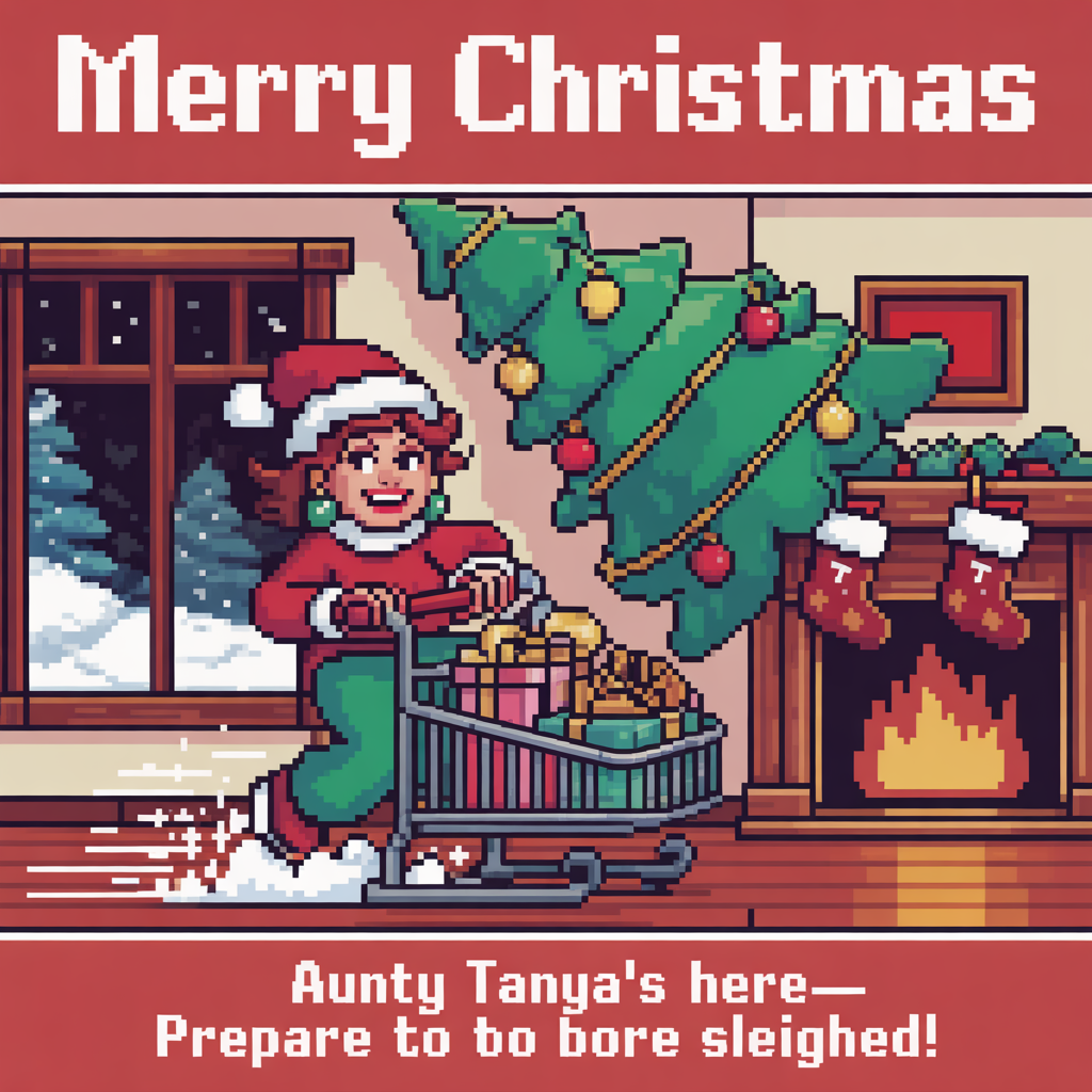 At the top of the Pixel Art Style image, "Merry Christmas"

At the bottom of the image, "Aunty Tanya’s here—prepare to be sleighed!"

Crisp 8-bit pixel art, vertical composition, vibrant limited palette (cherry reds, pine greens, golds, snowy whites, cozy fireplace oranges), chunky square pixels, no anti-aliasing.

Center scene:
- Aunty Tanya as the star: cheeky wink, bold lipstick, bauble earrings, and an over-the-top Christmas jumper; candy-cane scarf fluttering.
- She’s riding a chrome shopping trolley like a sleigh across a living room floor, tinsel reins in hand; motion lines and sparkle pixels for comedic speed.
- A leaning pixel Christmas tree overloaded with ornaments; a pixel cat tangled in fairy lights; mince pies and wrapped gifts flying comically from the trolley.
- Fireplace with stockings (one marked “T”), snow falling outside a window, and warm glow lighting with 1px highlights and soft dithering shadows.

Typography:
- Use big blocky 8-bit font for both lines; top headline bold and centered, bottom punchline slightly smaller; white letters with a red outline to pop against the scene.
Generated with these themes: Aunty Tanya, and .
Made with ❤️ by AI.