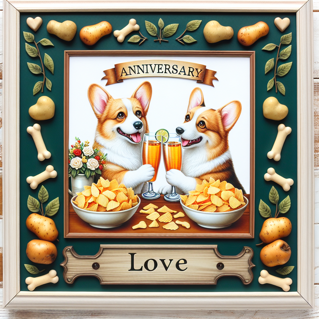 Create an image of a snug and festive setting where two corgi dogs are lifting glasses filled with potato chips, toasting to commemorate their anniversary. A decorative trim, alternative between potatoes and bones, adorns the upper part of the picture. Above the affectionately huddled canines, there is a wooden plaque with the inscription 'Anniversary Love'.
Generated with these themes: Potatoes, and Corgis.
Made with ❤️ by AI.