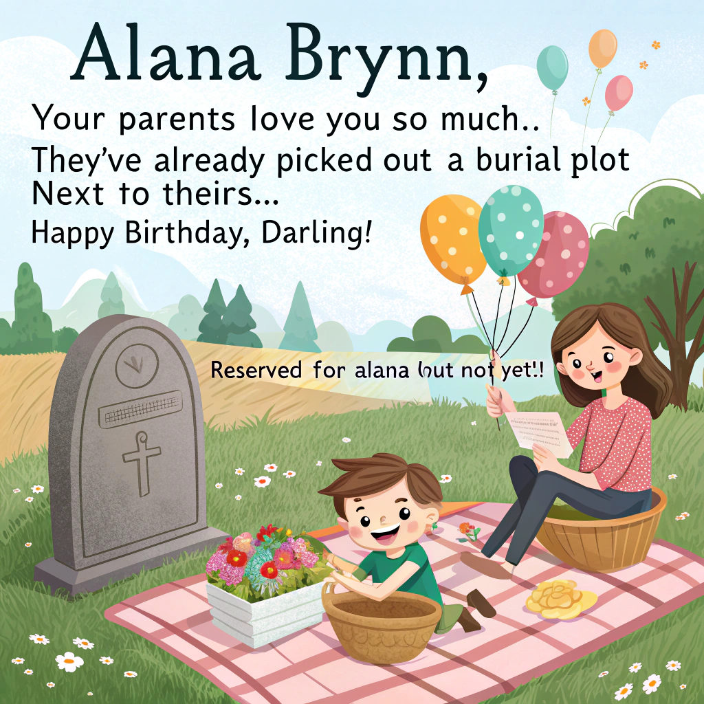 At the top of the image, "Alana Brynn, your parents love you so much… they've already picked out a burial plot next to theirs—Happy Birthday, darling!"

- Create a realistic photograph-style image of an over-the-top cheerful family birthday picnic... in a cemetery.  
- There's a bright pink picnic blanket spread out over the grass beside a very well-kept gravestone that says “Reserved for Alana (but not yet!)”.
- A pair of beaming parents (mid-60s) are joyfully presenting a triple-layer birthday cake with flaming candles, while a confused but laughing young woman (late 20s) is seated on a foldable chair next to them holding a party balloon.
- Background shows cheerful party decor hung between gravestones—bunting that reads “Till Death Do Us Party!”
- There are presents wrapped in skull-printed paper, and a bottle of bubbly chilling in an ice bucket shaped like an urn.
- Overall mood: comically eerie, weirdly loving, dark humor meets heartfelt affection.
Generated with these themes: your parents love you to death.
Made with ❤️ by AI.