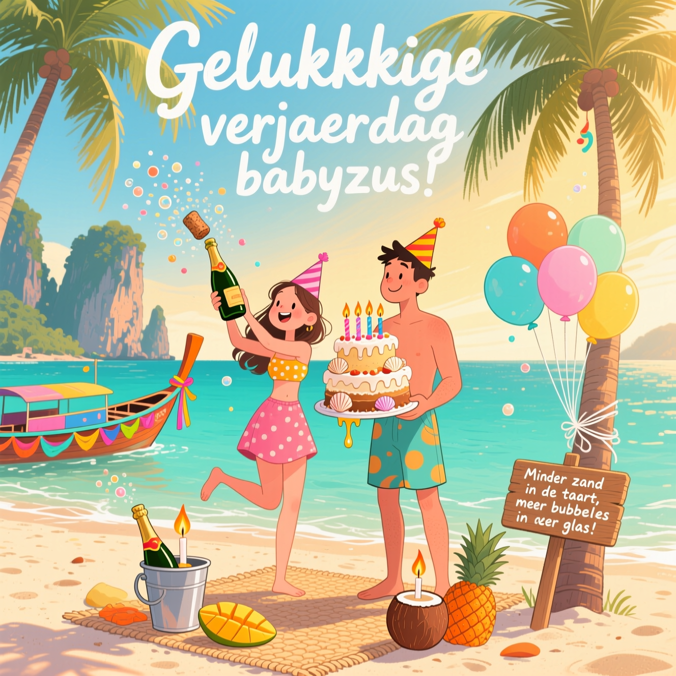 At the top of the Illustration Style image, "Gelukkige verjaardag babyzus!"

Hand-drawn illustration with fine linework and textured brush strokes, warm expressive palette, balanced composition, portrait orientation. A sunlit Thai beach at golden hour: turquoise water and limestone karst cliffs in the distance, a colorful long-tail boat with fluttering ribbon garlands, and tall palm trees arching from the sides to frame the scene. Center foreground, a young adult couple in playful beachwear and party hats; she’s popping a champagne bottle so a cork arcs skyward and fizzy bubbles sparkle like mini balloons, while he proudly presents a tiered “sand-cake” decorated with seashell “icing” and bright birthday candles that comically droop and melt in the tropical heat. A cluster of pastel balloons is tied to a palm trunk, one balloon humorously tangled in a frond; candle flames lean sideways in the sea breeze. On a woven beach mat: a champagne bucket, slices of mango and pineapple, and a coconut with a single candle. Add a small wooden beach sign staked in the sand near them with one cheeky line of hand-lettered text: "Minder zand in de taart, meer bubbels in het glas!"

Style notes: fine, lively linework; painterly textures; subtle watercolor paper grain; warm sunlight highlights and soft shadows; colors of papaya orange, coral pink, mango yellow, teal and aquamarine; upbeat, funny mood. The top text is hand-lettered across the sky in a bold, friendly brush script, cream/white with a warm coral outline and a soft drop shadow for legibility; keep all other text minimal and integrated.
Generated with these themes: Beach, thailand, palm trees, a young couple, champagne, balloons, candles, and .
Made with ❤️ by AI.