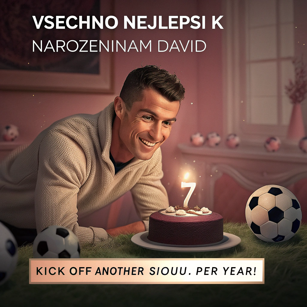 At the top of the Photorealistic picture taken from a camera image, "Všechno nejlepši k narozeninám David"

At the bottom of the image, "Kick off another SIUUU-per year!"

Scene: Ultra-high-definition 4K UHD, lifelike textures, accurate lighting, rich depth of field. A warm, candid portrait of Cristiano Ronaldo in a softly lit, pastel-decorated room. He’s smiling warmly, leaning over a small football-shaped birthday cake with a glowing number 7 candle. Around him: cute black-and-white soccer-ball balloons, soft gold star confetti mid-air, and a tiny plush goat wearing a mini “7” scarf perched beside the cake for a playful GOAT nod. Natural window light from the left, gentle bounce fill, creamy bokeh fairy lights in the background. Cristiano wears a plain, logo-free white tee; no team crests or brands visible. Portrait orientation, eye-level 50mm/85mm look, f/1.8 shallow depth for a dreamy, adorable vibe. Top headline in large white hand-lettered script with a subtle soft-shadow for legibility; bottom punchline in a friendly bold sans-serif in warm gold. Clean, bright color palette (mint, blush, soft gold), realistic skin tones, crisp details, no additional text or watermarks.
Generated with these themes: Cristiano Ronaldo, and .
Made with ❤️ by AI.