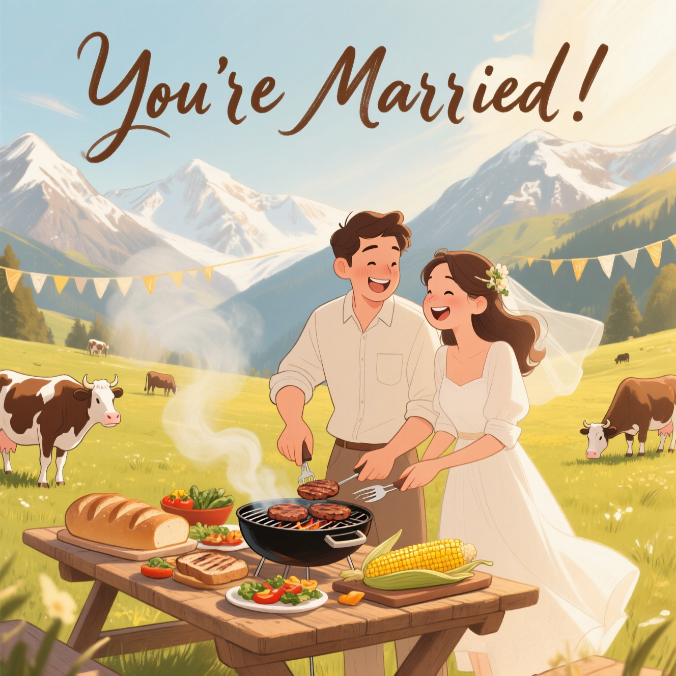 Barbecue, mountains, cows, and Wedding Card