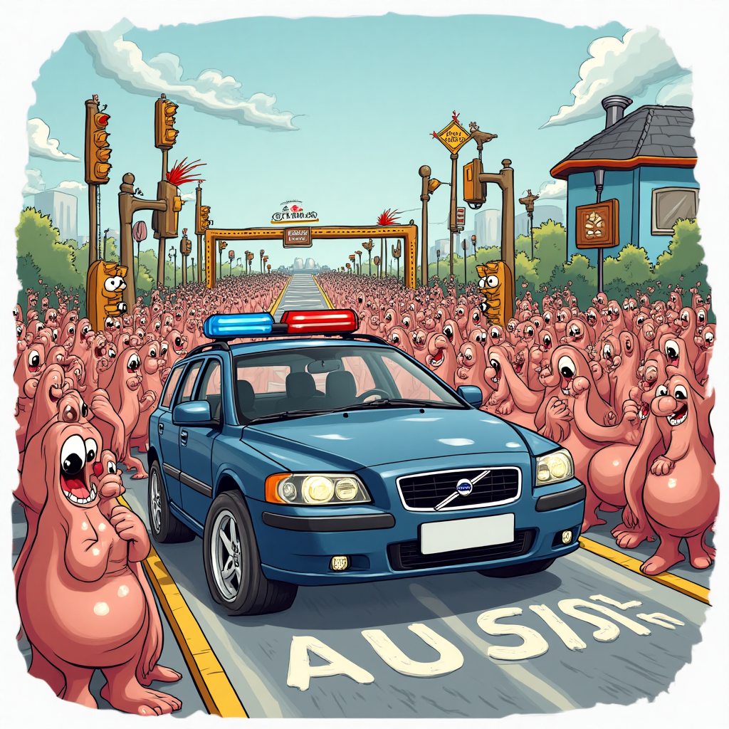 ### Image Prompt

At the bottom of the Cartoon Style image, include the text: **Don't be a pussy**

### Image Description

Picture a whimsical cartoon scene featuring a Police Volvo V60 car with exaggerated features like oversized wheels and a large, comically grinning front bumper. The car is animated, as if it's performing an intricate ballet, with a horde of cartoonish, anthropomorphized hairy vaginas serving as cheeky spectators. These whimsical characters are drawn with exaggerated expressions, some looking surprised and others with playful smirks, as if impressed by the car's elegant maneuvers. 

In the background, a cartoonish Police Driver Training Unit looms, designed like a whimsical obstacle course. It's filled with humorous elements like giant cones with googly eyes and oversized traffic lights with faces. The scene is bright and saturated with colors, each element popping with a cartoonish energy that matches the playful and slightly irreverent mood.

The caption “Don’t be a pussy” is playfully woven into the scene with the letters cheekily integrated into the features of the road, as if the car is driving over them, creating a lively and cheeky tableau perfect for a thank-you card that’s both rude and humorous.
Generated with these themes: Police Volve V60, Hairy Vaginas , Police Driver Training Unit, , and .
Made with ❤️ by AI.