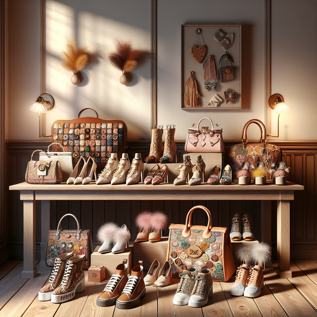 Imagine a heartwarming interior scene meticulously arranged for Mother's Day. A refined wooden shelf takes center stage, presenting a multitude of footwear designs from fashionable sneakers to timeless pumps, each paired with a matching designer handbag. The bags are adorned with complex patterns and vibrant colors, making a striking statement against the room's backdrop. Quirky small tickle feathers enhance some of the handbag straps, adding a whimsical touch to the authentic atmosphere. Gentle lighting casts a glow over the gathering, creating a sense of warmth and welcome.
Generated with these themes: Shoes handbags tickles .
Made with ❤️ by AI.
