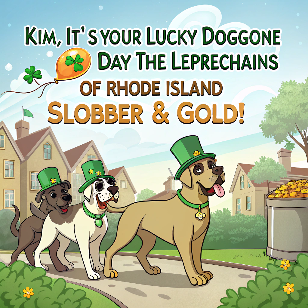 At the top of the image, "Kim, it’s your lucky doggone day — the leprechauns of Rhode Island say 'Slobber & Gold!'"

- Illustrate a whimsical, cartoon-style scene in a bright, vibrant palette:  
  - A mischievous gang of leprechauns riding on the backs of goofy, oversized dogs (think Great Danes in green top hats and bulldogs with tiny shamrock monocles).  
  - They’re parading through a cartoon version of a Rhode Island street lined with colorful colonial-style houses, some decorated with birthday balloons and glittering pots of gold.  
  - One leprechaun holds a bone-shaped “Happy Birthday” banner, while a particularly slobbery golden retriever drools coins instead of saliva.  
  - Confetti, paw prints, and clovers float in the air for a festive vibe.  

Generated with these themes: Dogs, Rhode island , and Leprechauns .
Made with ❤️ by AI.