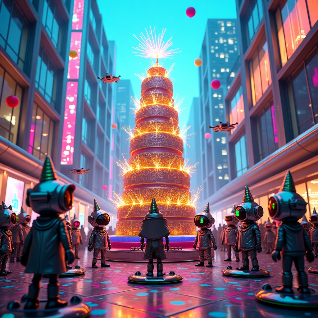 Metal made flesh style Cyberpunk furture birthday party with cakes and hats Birthday Card