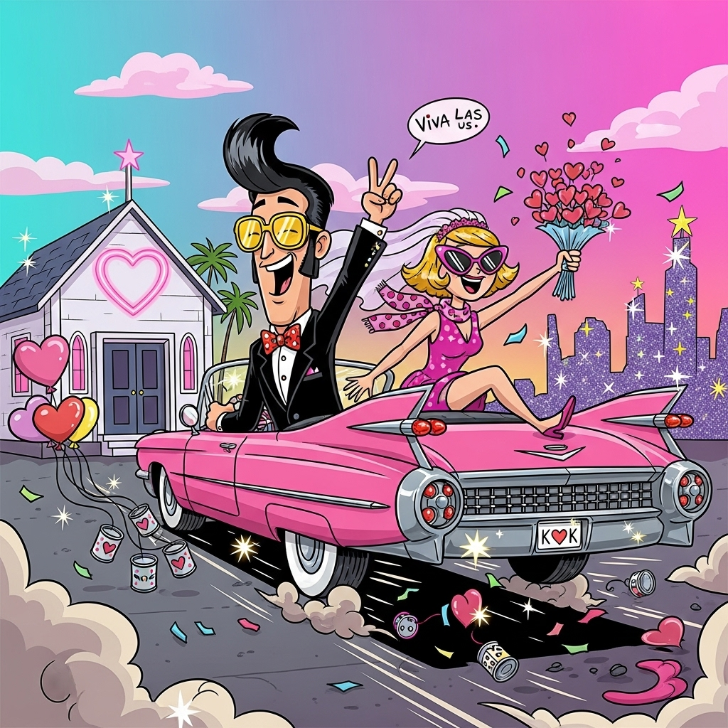 Playful cartoon scene with exaggerated proportions, thick black outlines, and bright, saturated colors. Konstantin and Kirsty zoom away from a tiny white Las Vegas wedding chapel in a gleaming Elvis-pink Cadillac convertible with oversized tailfins and sparkling chrome starburst glints. The car barrels diagonally out of the scene, wheels kicking up a heart-shaped dust cloud, motion lines whooshing, and confetti shaped like hearts, dice, and tiny music notes swirling behind. Konstantin (tall, pompadour quiff, gold aviator shades, cheeky grin, rhinestone-trimmed tux jacket) has one hand on the wheel, the other tossing a peace sign; Kirsty (cat-eye sunglasses, short veil fluttering, bright mini dress with a polka-dot scarf) leans joyfully out, holding a bouquet that sprays cartoon hearts. In the background: the little white chapel with a glowing pink neon heart outline (no words), a stylized Las Vegas skyline silhouette with glittery starbursts and palm fronds, and a sunset-to-neon sky gradient (turquoise to magenta). Tin cans and heart-shaped balloons bounce from the bumper; license plate shows a simple “K ♥ K” symbol (no text words). Cel-shaded, energetic, whimsical, and funny. Add a single small, playful hand-lettered caption floating in the sky: “Viva Las Us!” Only include that one line of text. Portrait orientation, large image focus, crisp clean lines.
Generated with these themes: Konstantin & Kirsty cruise off from a little white Las Vegas chapel in a shiny Elvis-pink Cadillac, and .
Made with ❤️ by AI.