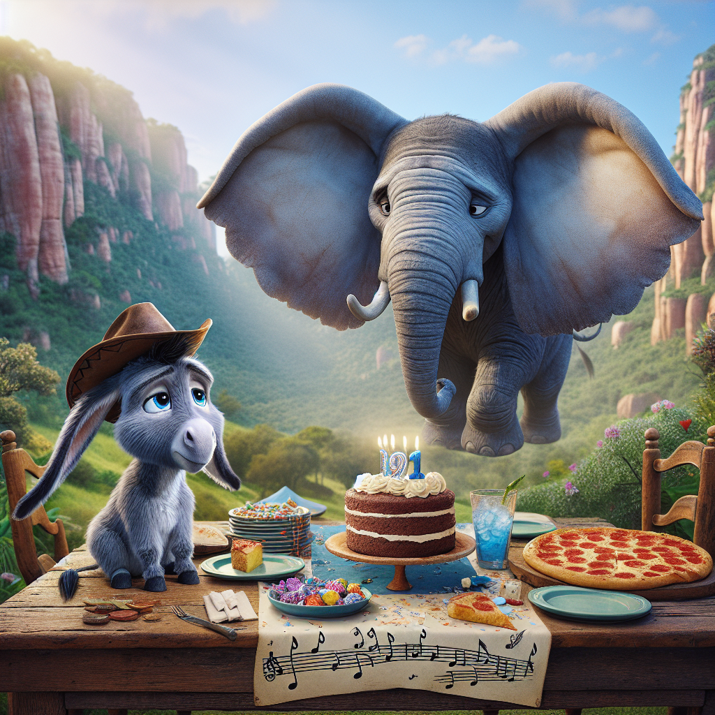 In this touching birthday celebration situated amidst the lush landscapes of Gozo, a blue melancholic donkey, donning a cowboy hat, gazes warmly as an enormous grey elephant with big ears, reminiscent of a potential ability to fly, hovers above a country-style wooden table filled with cake, pizza, and candy. Both fictional creatures are surrounded by musical notes signifying the soft sounds of country music, enriching the ambiance of a vibrant cowboy-themed birthday festivity.
Generated with these themes: Gozo, Eeyore, Dumbo, Country music , Cowboys, Cake, Pizza, and Sweets.
Made with ❤️ by AI.